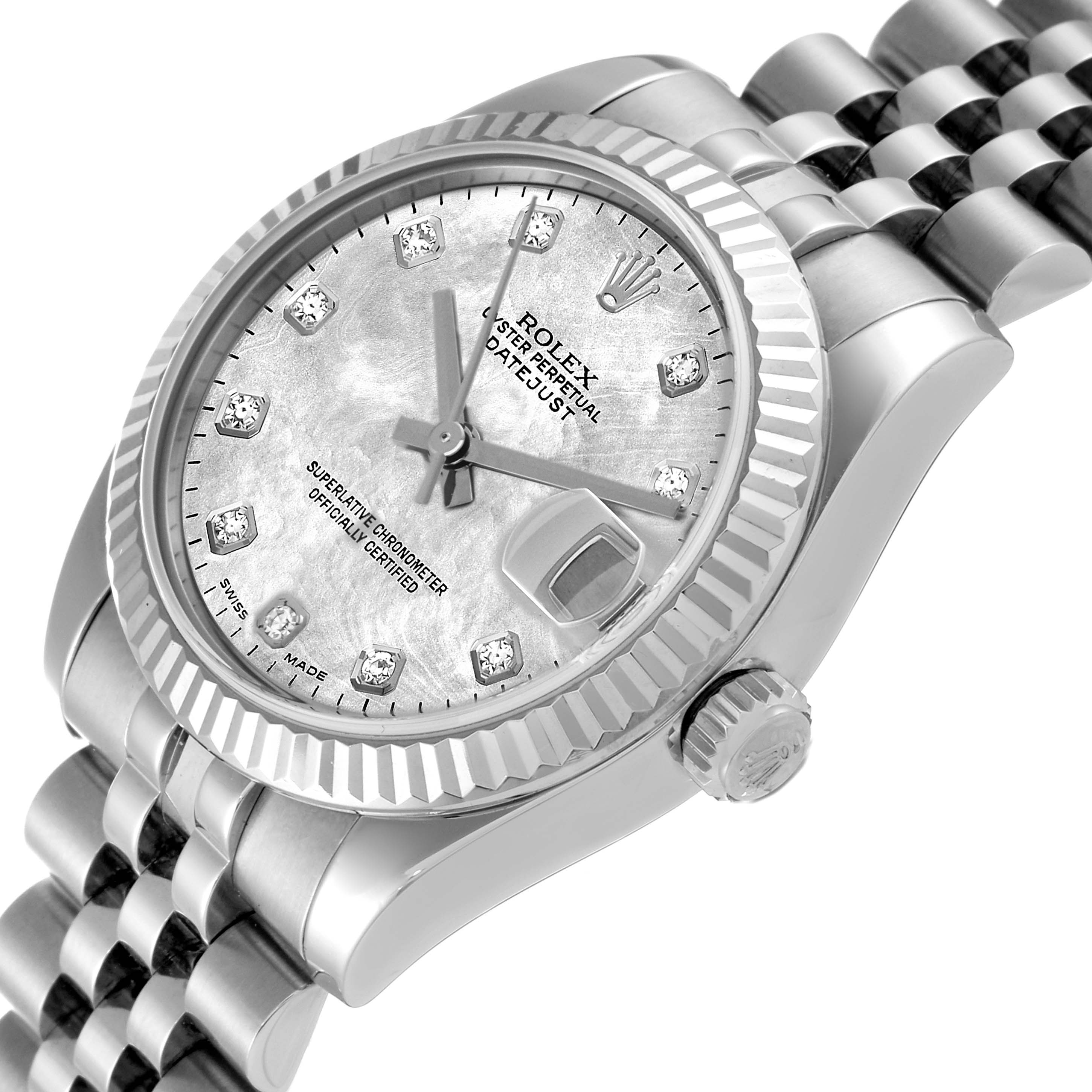 The Rolex Mid-Size 178274 Women's Stainless Steel Mother of Pearl Dial 178274 Women's Stainless Steel Mother of Pearl Dial model watch is shown at an angle highlighting the face, bezel, and part of the bracelet.