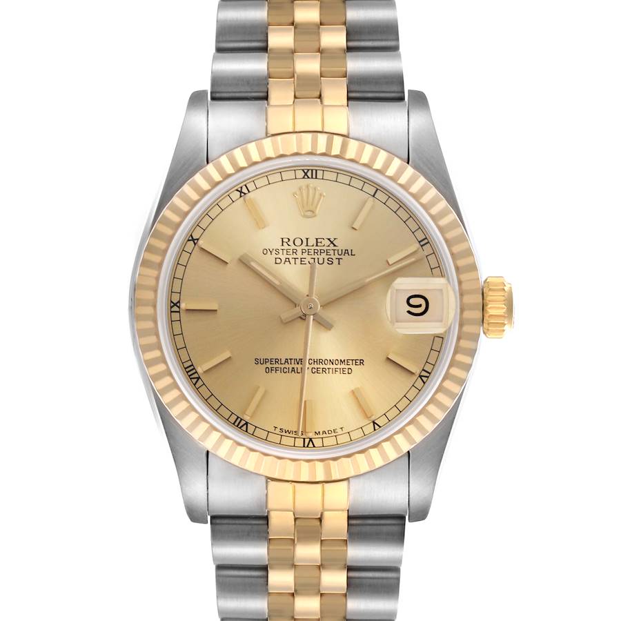 The Rolex Mid-Size watch is shown from a front angle, highlighting the dial, bezel, and two-tone bracelet.