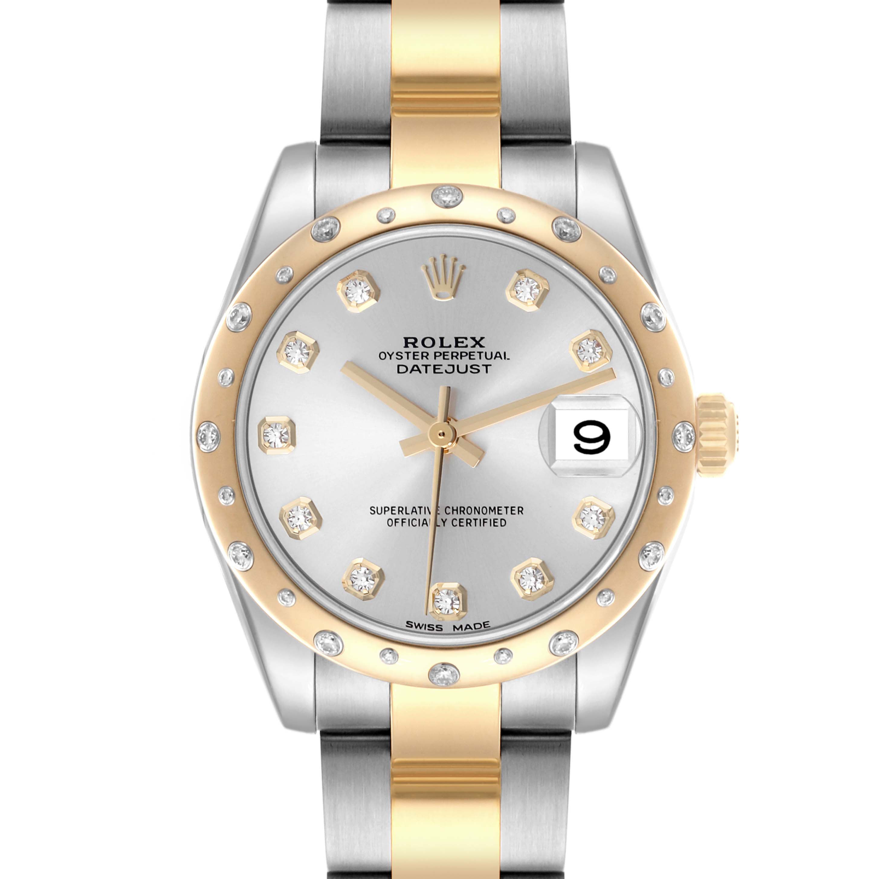 The Rolex Mid-Size 178343 Women's Steel and Gold (two tone) Silver Dial 178343 Women's Steel and Gold (two tone) Silver Dial watch is shown from the front, displaying the dial, bezel, and part of the bracelet.