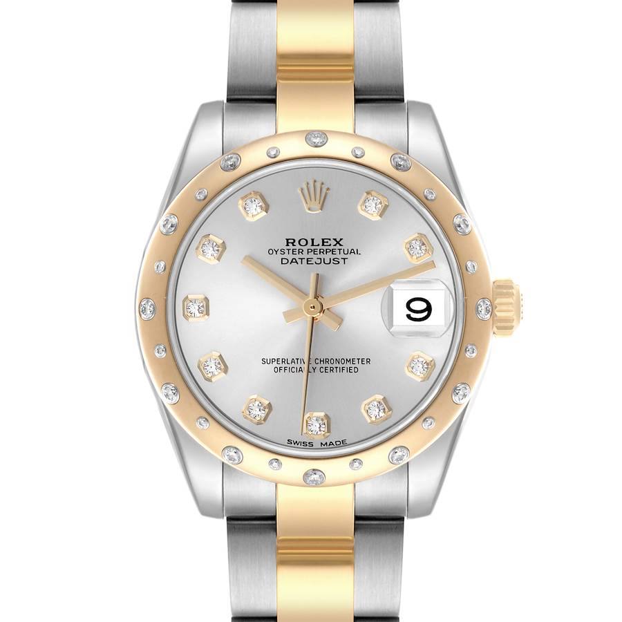 The Rolex Mid-Size watch is shown from the front, displaying the dial, bezel, and part of the bracelet.