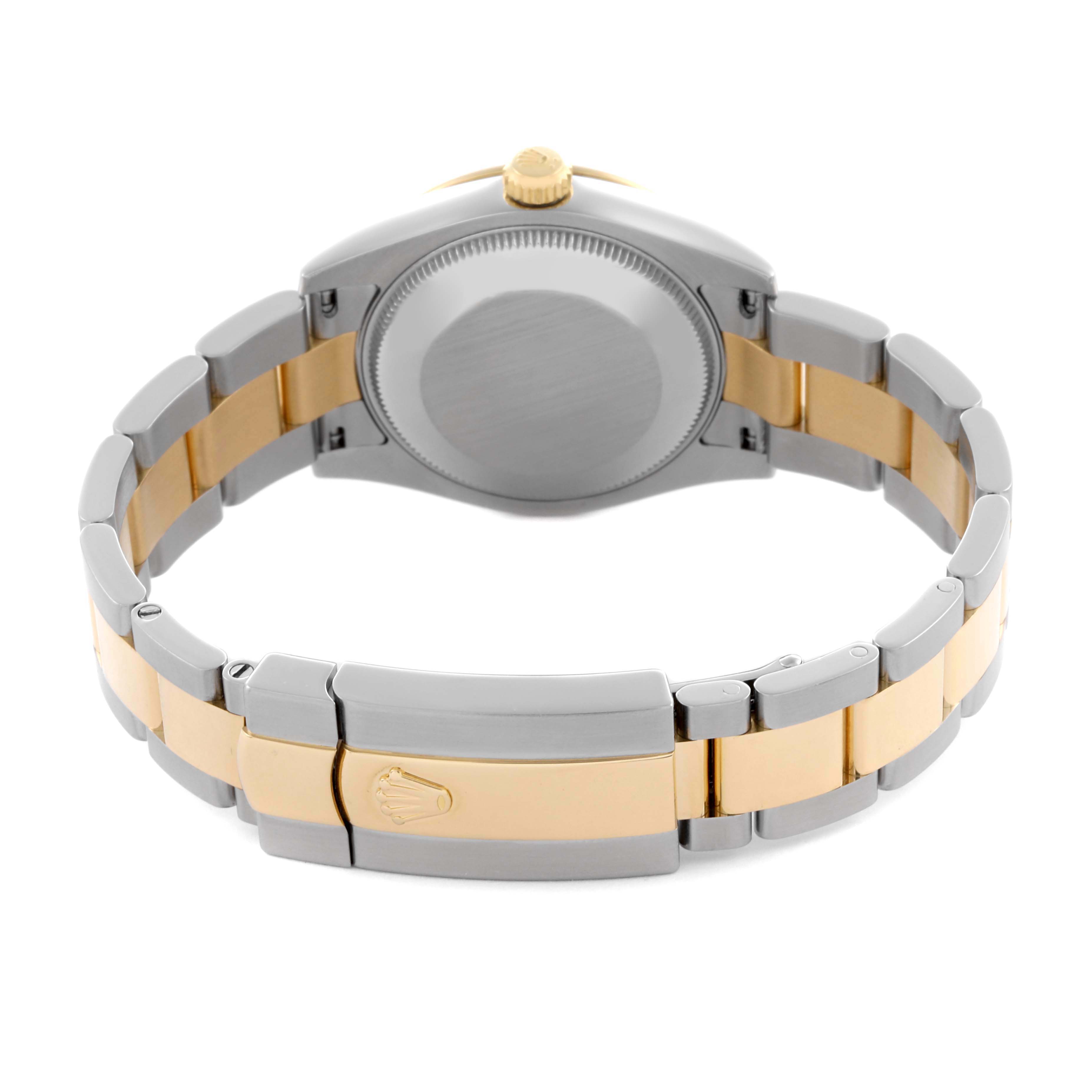 The image shows the back of a Rolex Mid-Size 178343 Women's Steel and Gold (two tone) Silver Dial 178343 Women's Steel and Gold (two tone) Silver Dial watch, highlighting the case back and two-tone bracelet with the clasp.