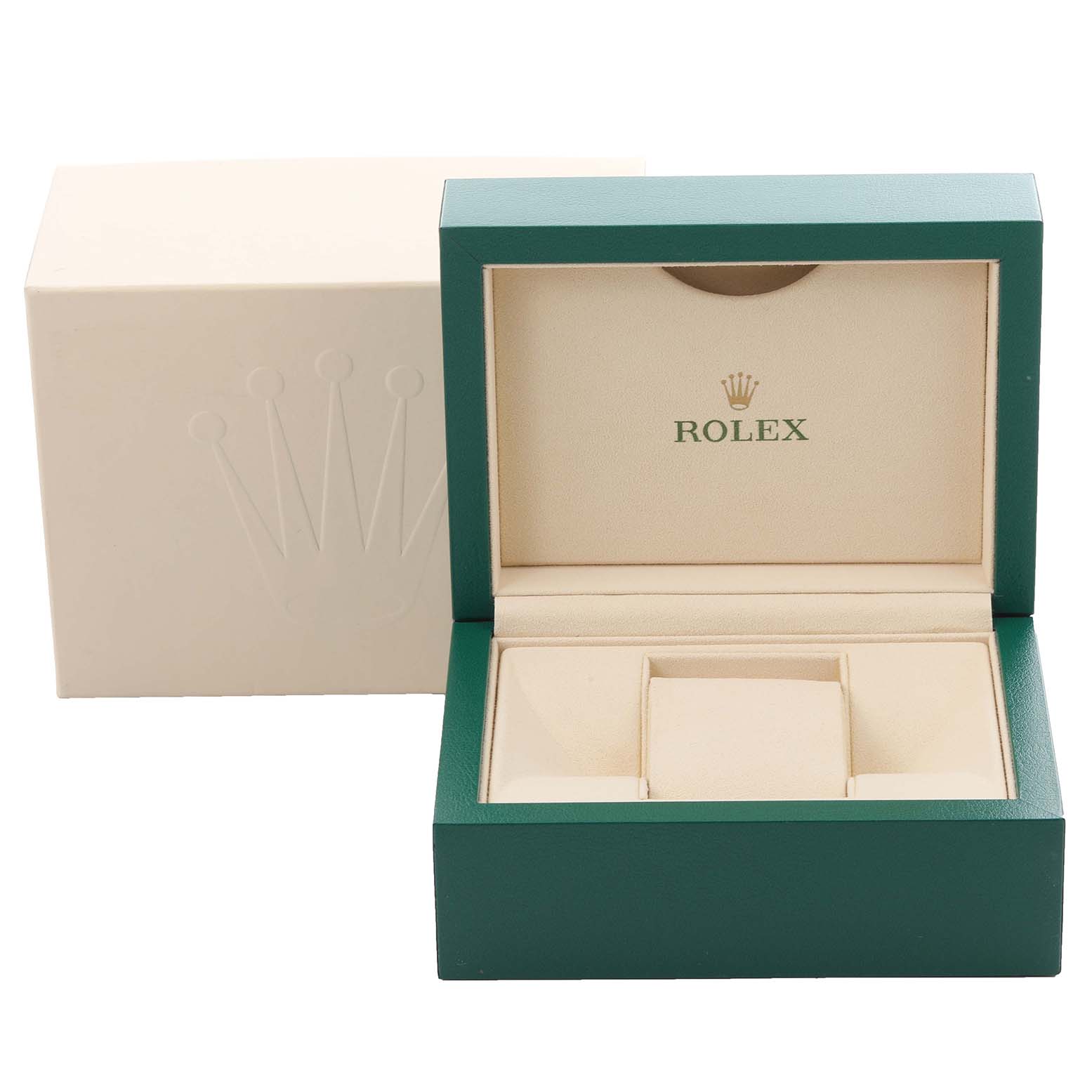The image shows an open Rolex watch box for a Mid-Size model, with the exterior packaging in view.