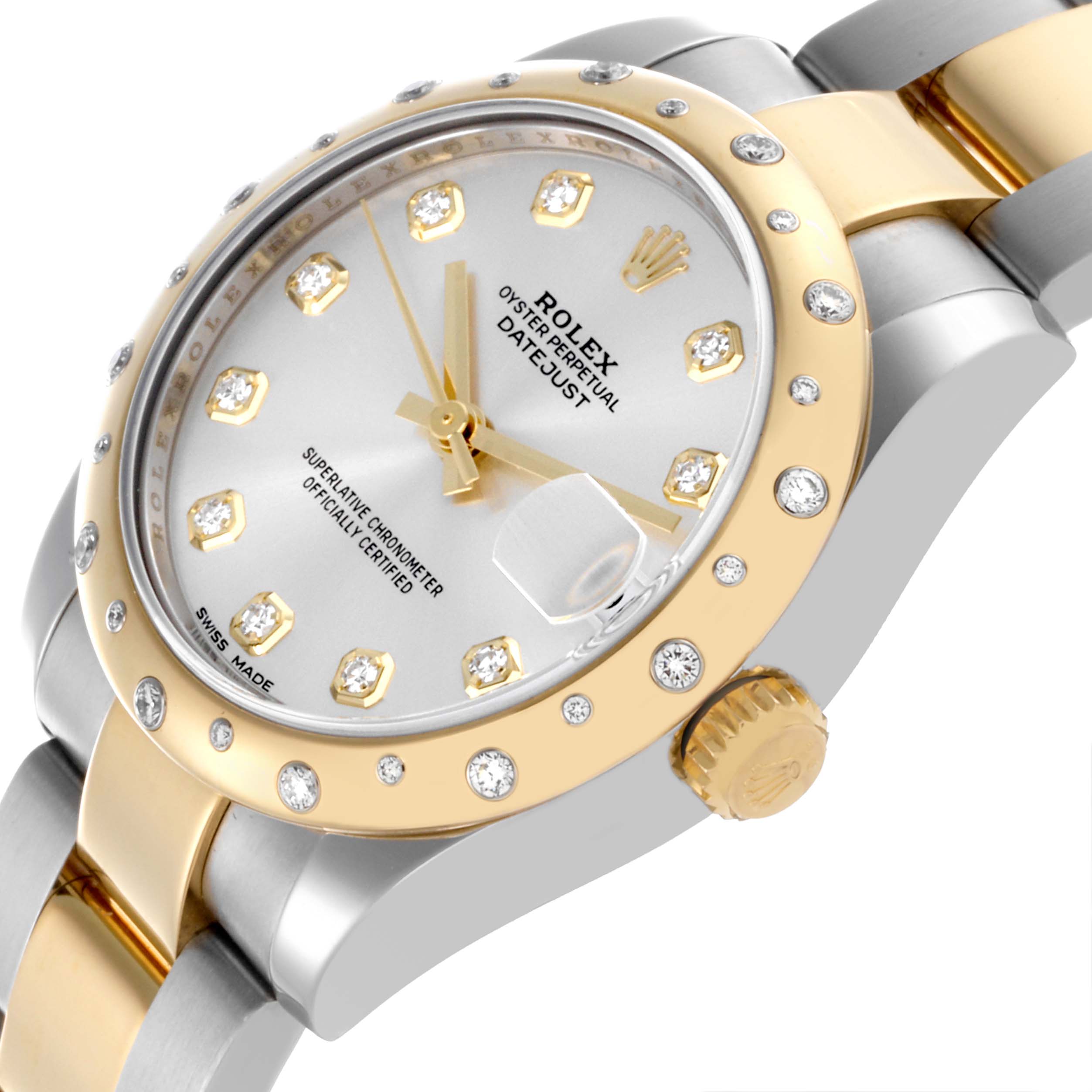 The Rolex Mid-Size 178343 Women's Steel and Gold (two tone) Silver Dial 178343 Women's Steel and Gold (two tone) Silver Dial watch is shown at an angle highlighting its gold and silver bracelet, diamond bezel, and dial with magnified date.