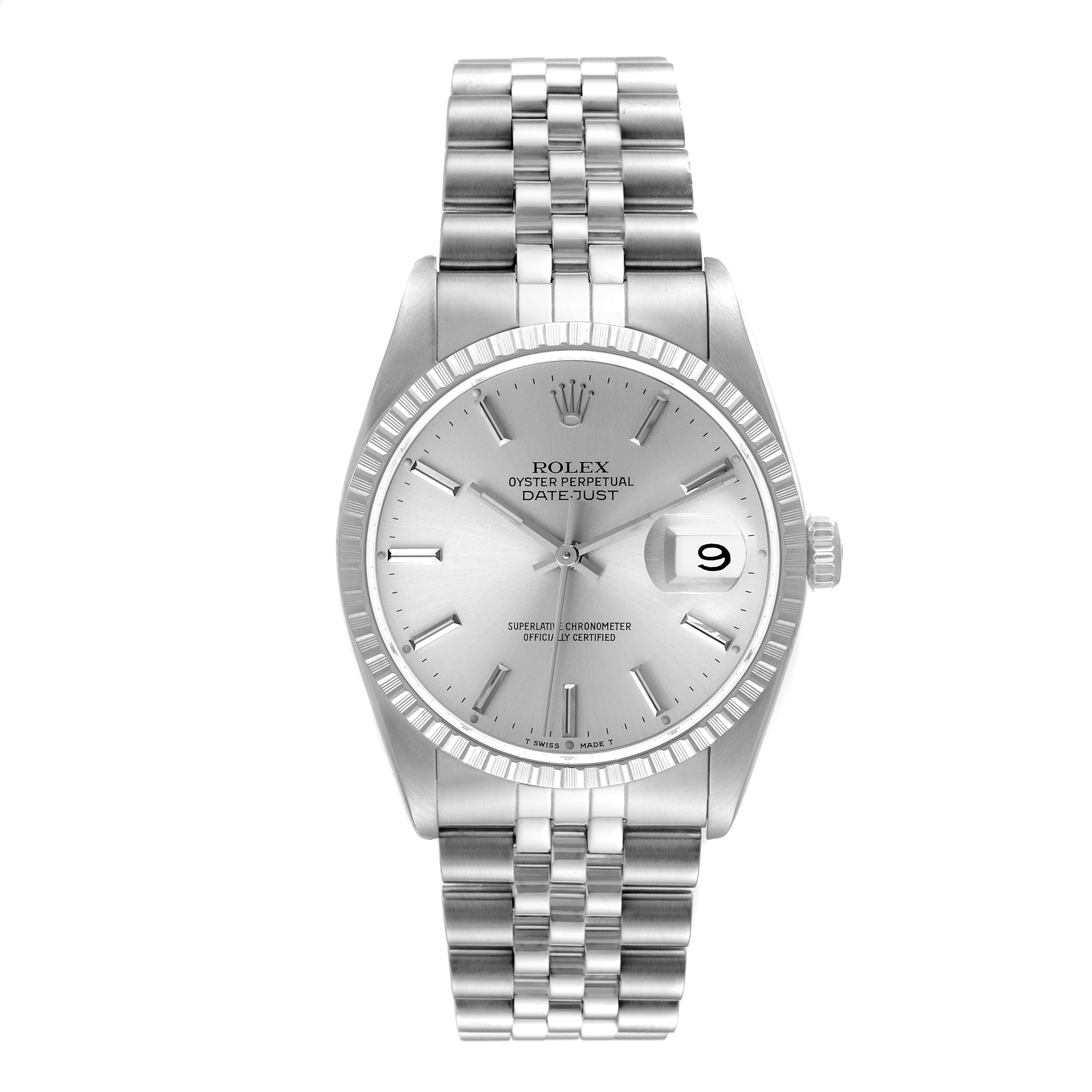 The image shows a Rolex Datejust 16220 Men's Stainless Steel Silver Dial 16220 Men's Stainless Steel Silver Dial watch from a front angle, displaying the dial, fluted bezel, and part of the Jubilee bracelet.