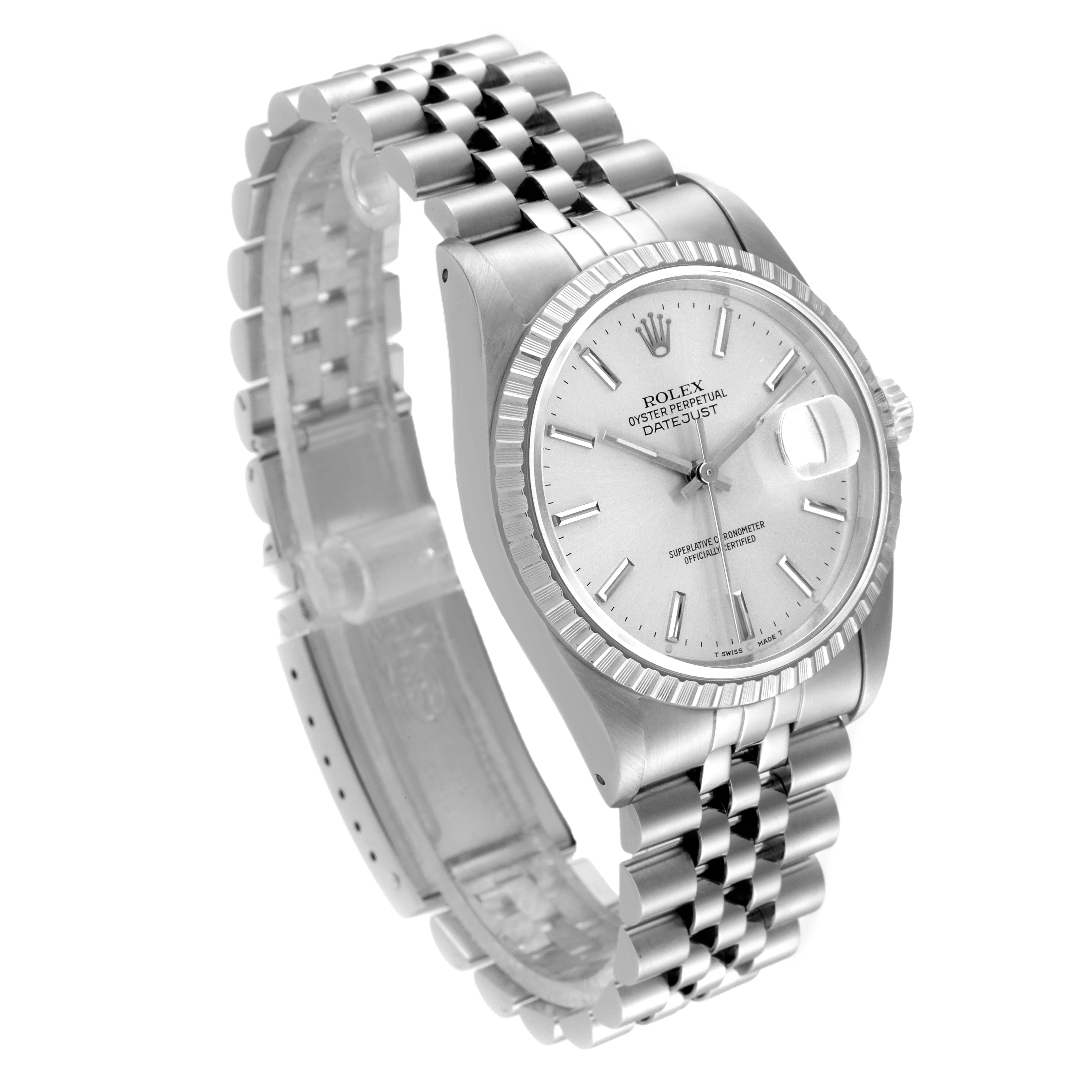 This image shows a Rolex Datejust 16220 Men's Stainless Steel Silver Dial 16220 Men's Stainless Steel Silver Dial watch at an angled, partially opened side view, highlighting the dial, bezel, and bracelet.
