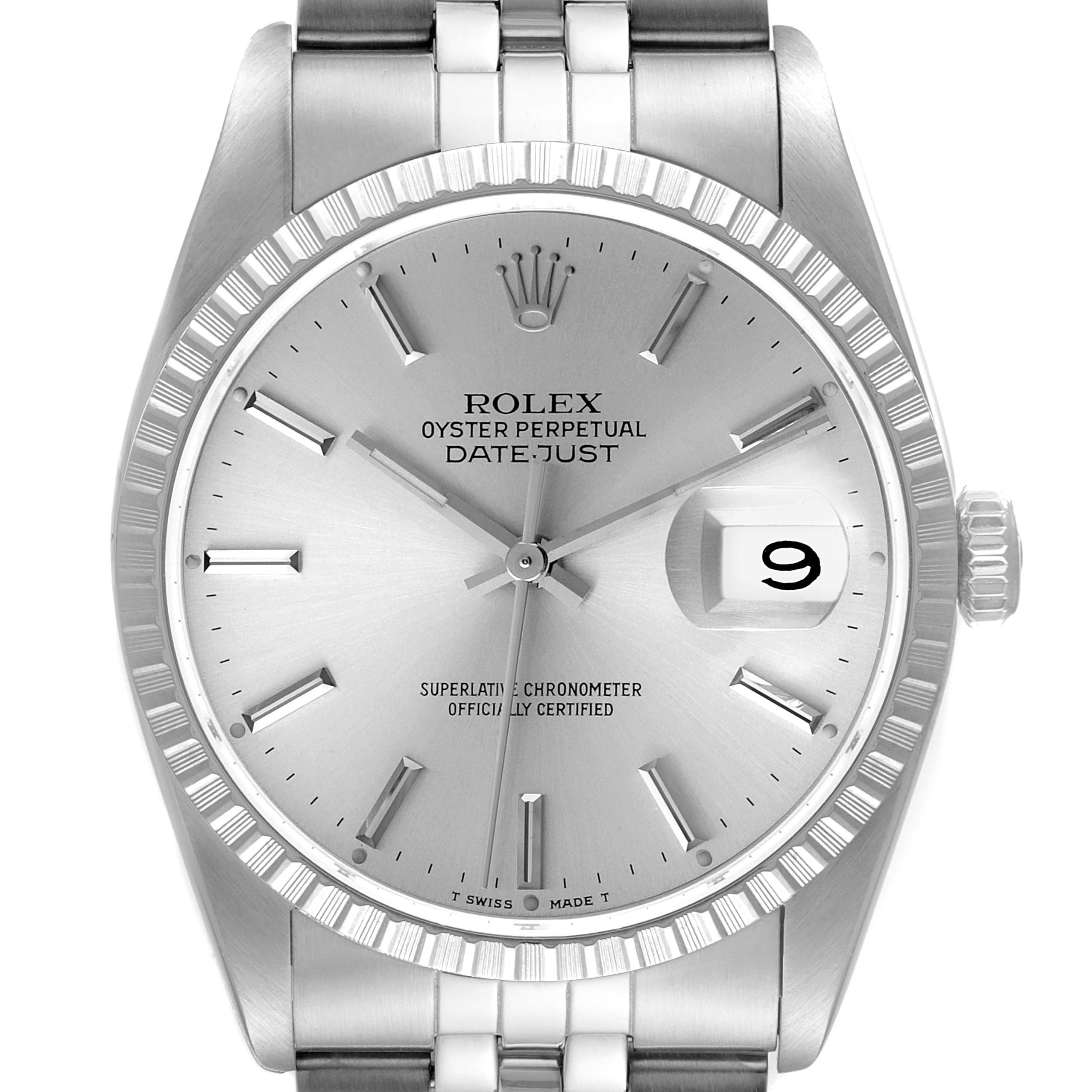 This image shows a front view of the Rolex Datejust 16220 Men's Stainless Steel Silver Dial 16220 Men's Stainless Steel Silver Dial watch, highlighting the dial, hour markers, date window, and part of the bracelet.