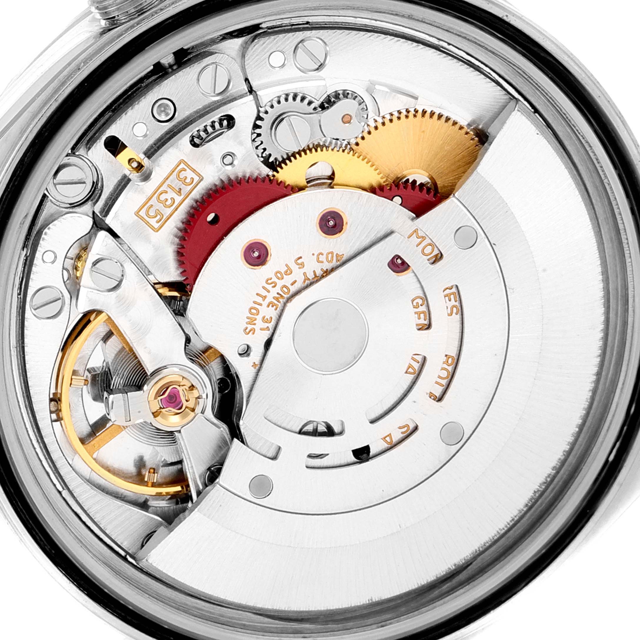 This image shows the movement and internal mechanics of a Rolex Datejust 16220 Men's Stainless Steel Silver Dial 16220 Men's Stainless Steel Silver Dial watch from a rear angle.