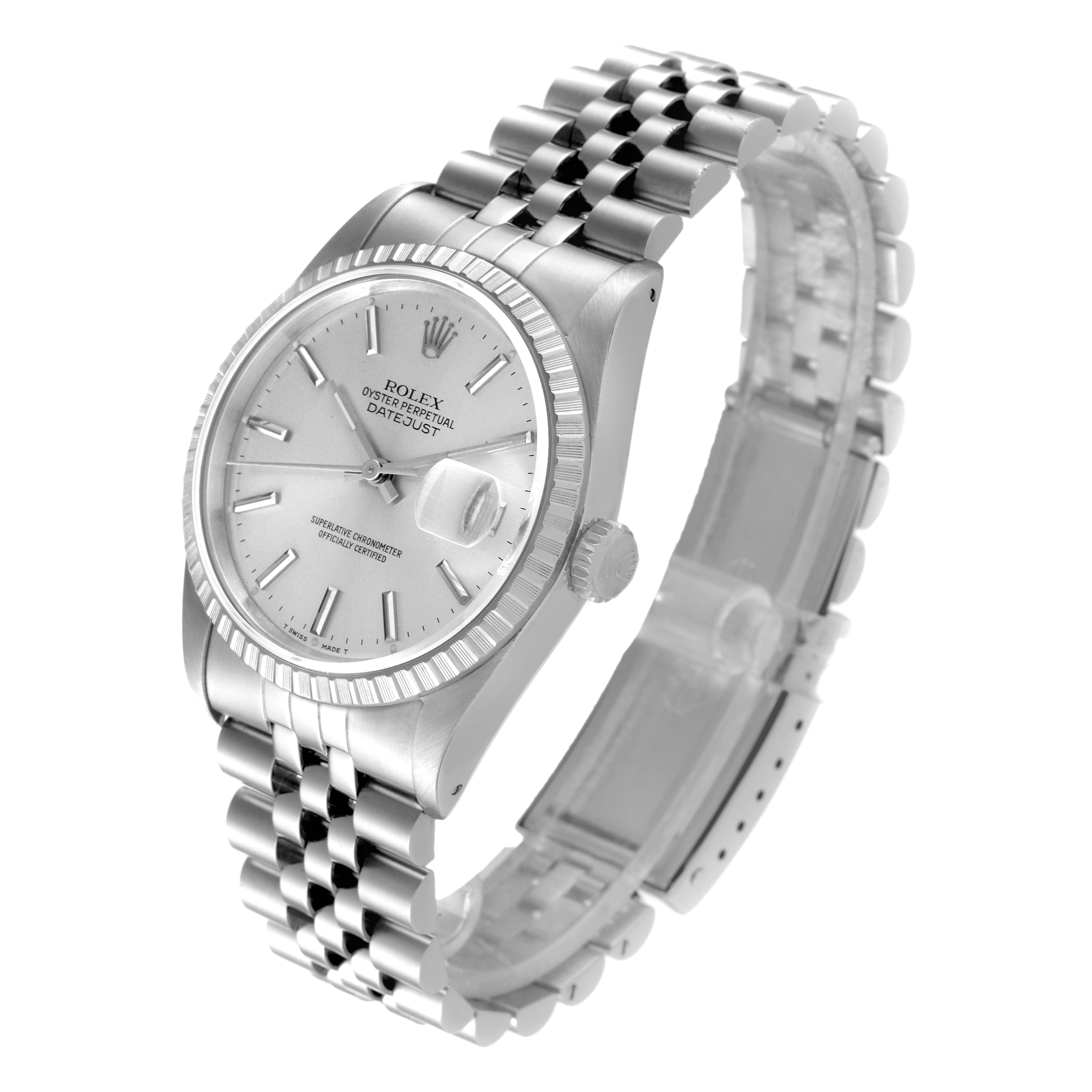 The Rolex Datejust 16220 Men's Stainless Steel Silver Dial 16220 Men's Stainless Steel Silver Dial watch is shown at a three-quarter angle, displaying its dial, crown, and bracelet.