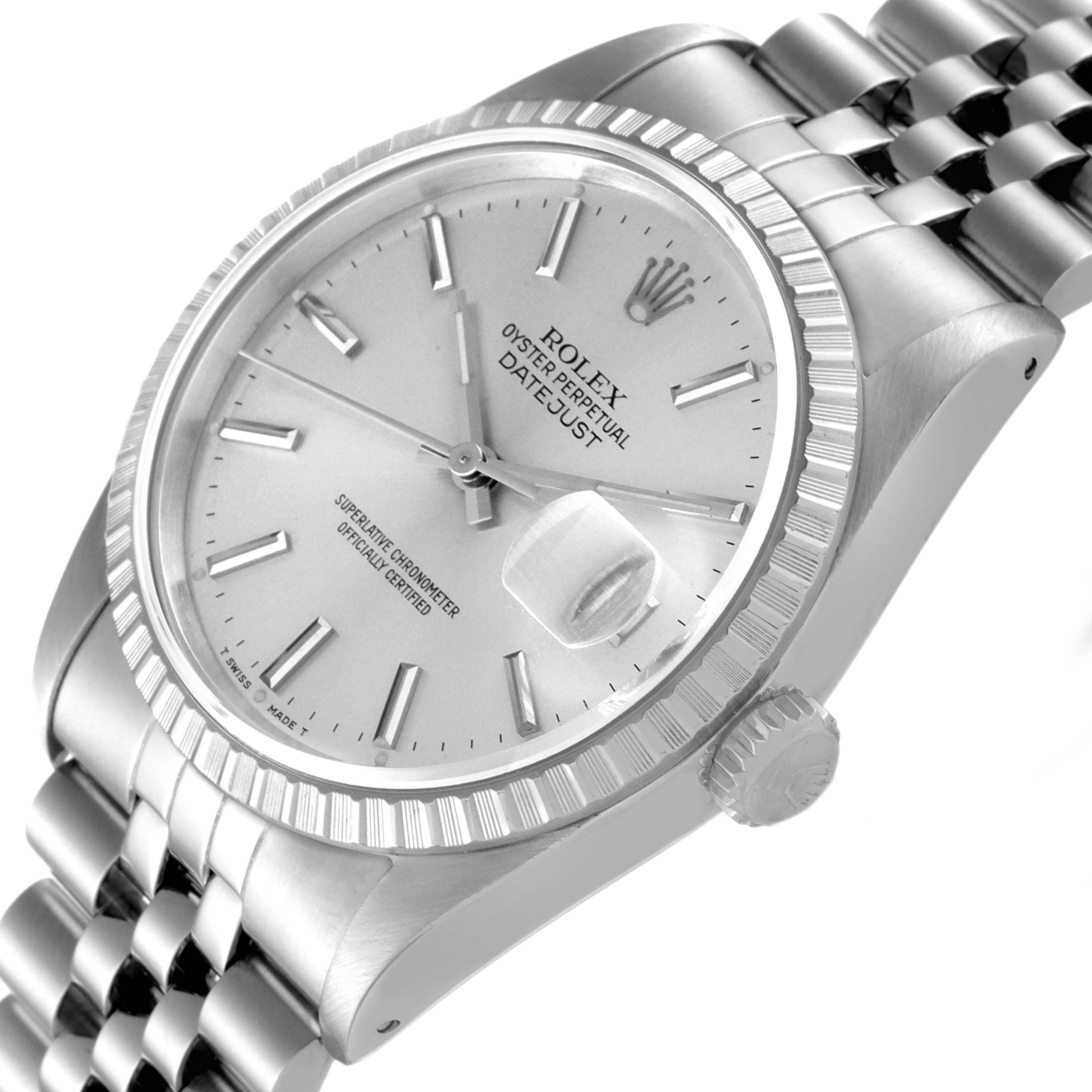 The Rolex Datejust 16220 Men's Stainless Steel Silver Dial 16220 Men's Stainless Steel Silver Dial watch is shown from a three-quarter angle, displaying the face, fluted bezel, crown, and part of the bracelet.