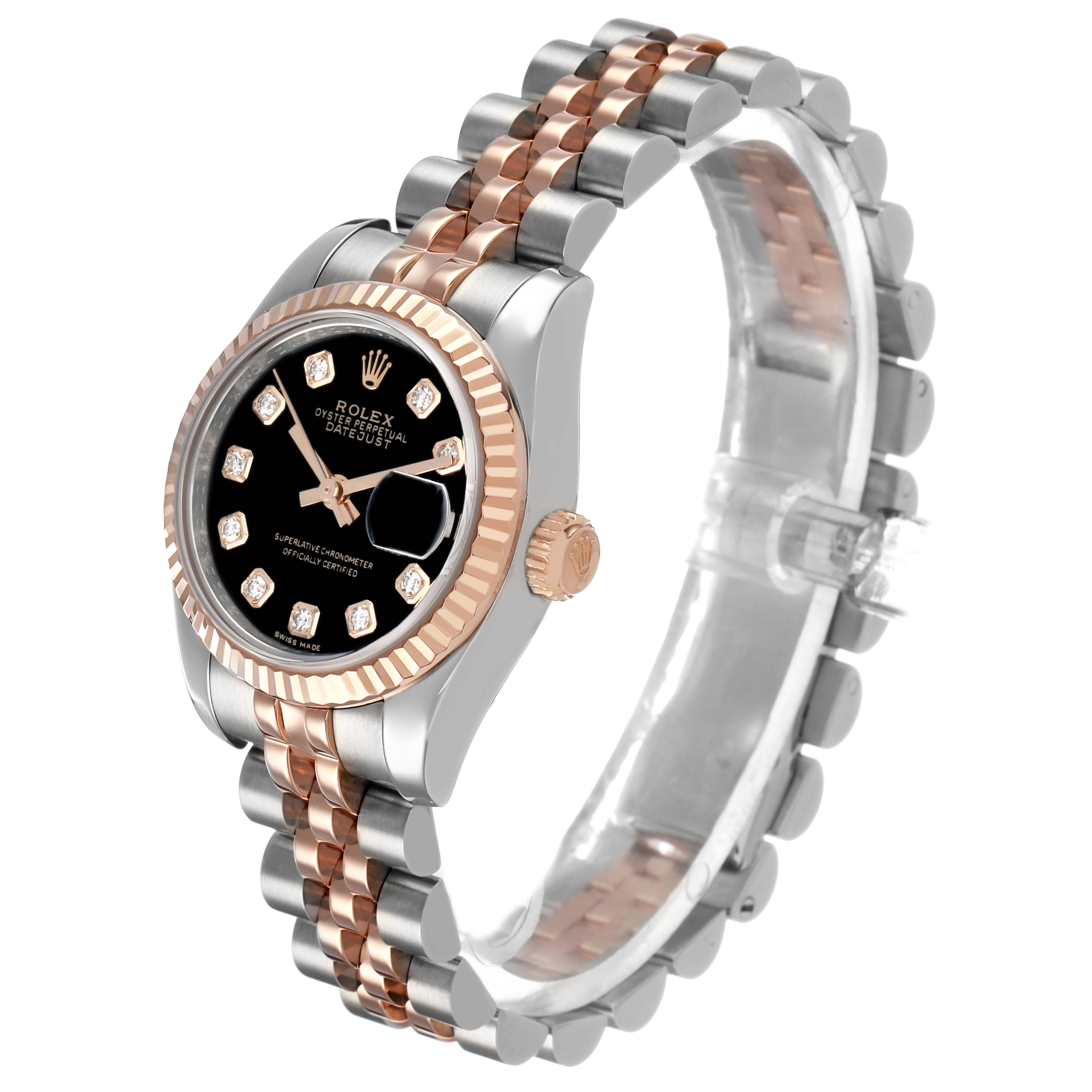 The Rolex Datejust 179171 Women's Steel and Gold (two tone) Black Dial is shown at a three-quarter angle, highlighting the bezel, dial, crown, and jubilee bracelet.