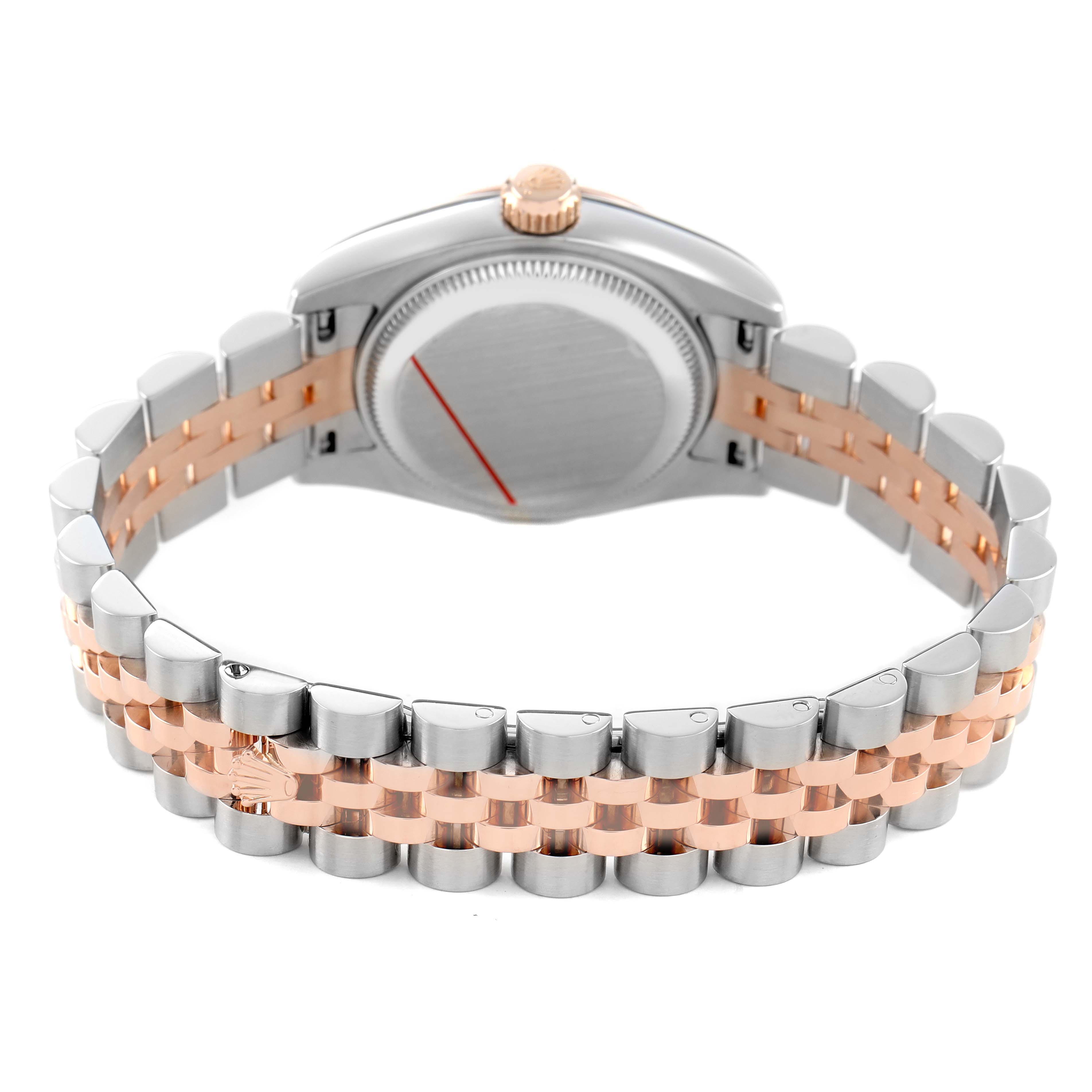 The image shows the back of the Rolex Datejust 179171 Women's Steel and Gold (two tone) Black Dial watch, highlighting the bracelet and casing from a rear angle.