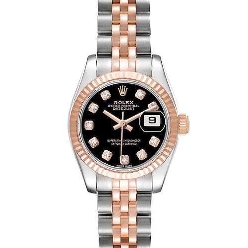 The Rolex Datejust 179171 Women's Steel and Gold (two tone) Black Dial watch is shown from the front, highlighting the dial, bezel, and bracelet.