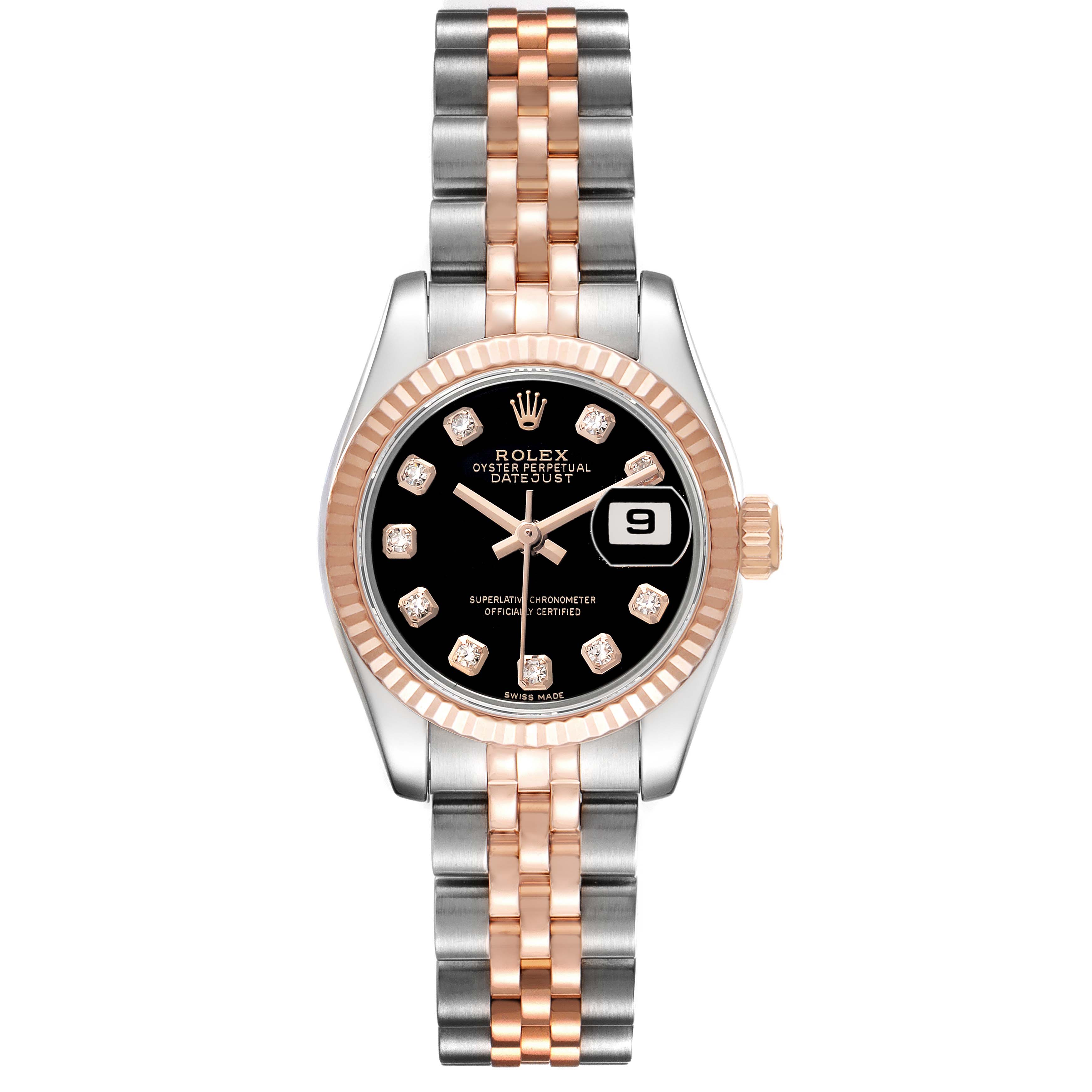 The Rolex Datejust 179171 Women's Steel and Gold (two tone) Black Dial watch is shown from the front, highlighting its dial, bezel, and two-tone bracelet.