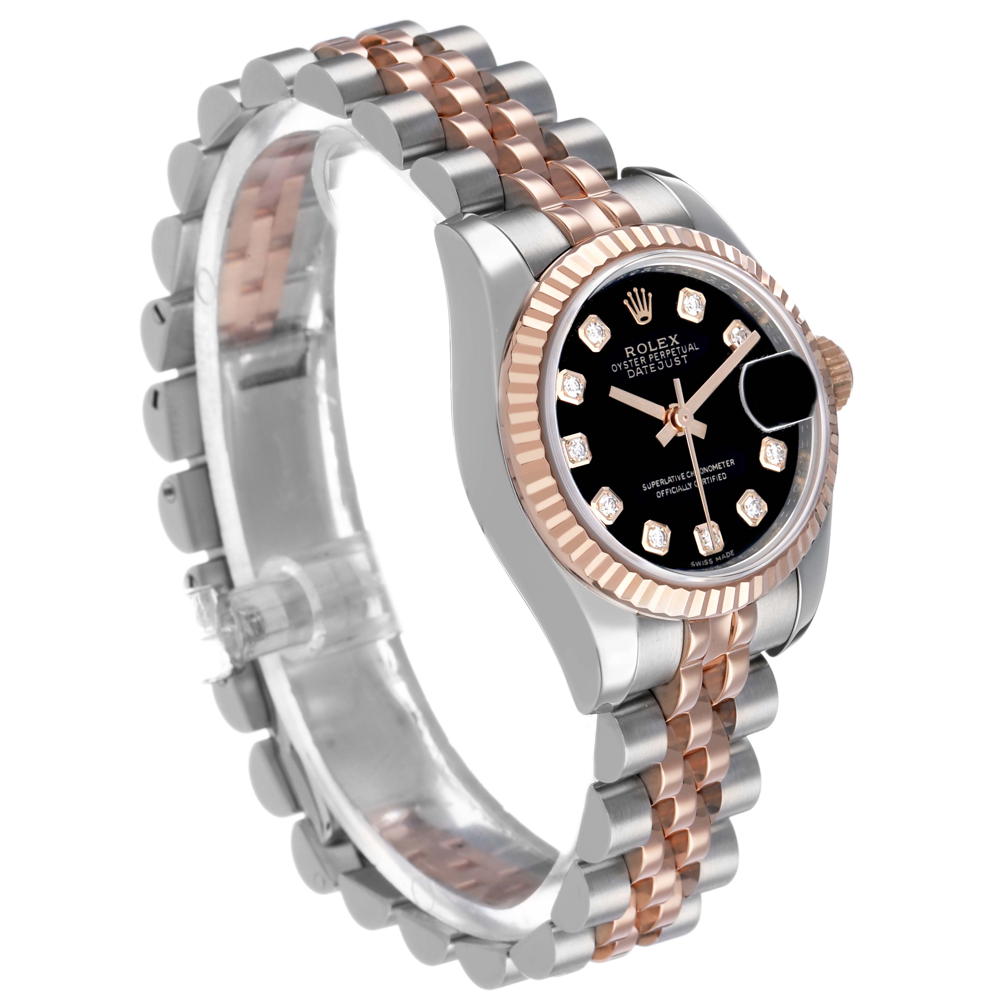 The Rolex Datejust 179171 Women's Steel and Gold (two tone) Black Dial watch is shown at a three-quarter angle highlighting the bezel, dial, and Jubilee bracelet.