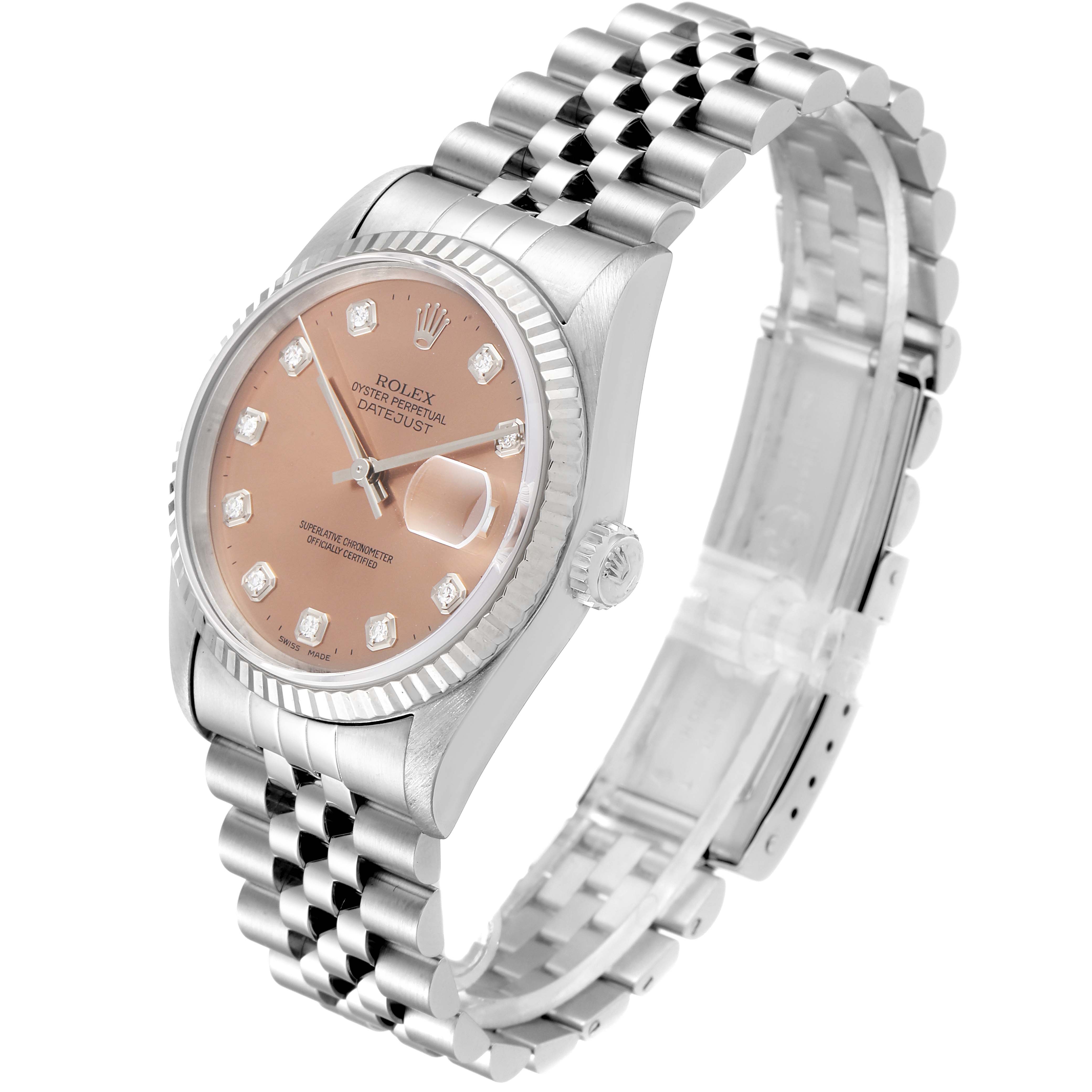 The image shows a Rolex Datejust 16234 Men's Stainless Steel Pink Dial 16234 Men's Stainless Steel Pink Dial watch from an angled side view, highlighting its dial, bezel, crown, and Jubilee bracelet.