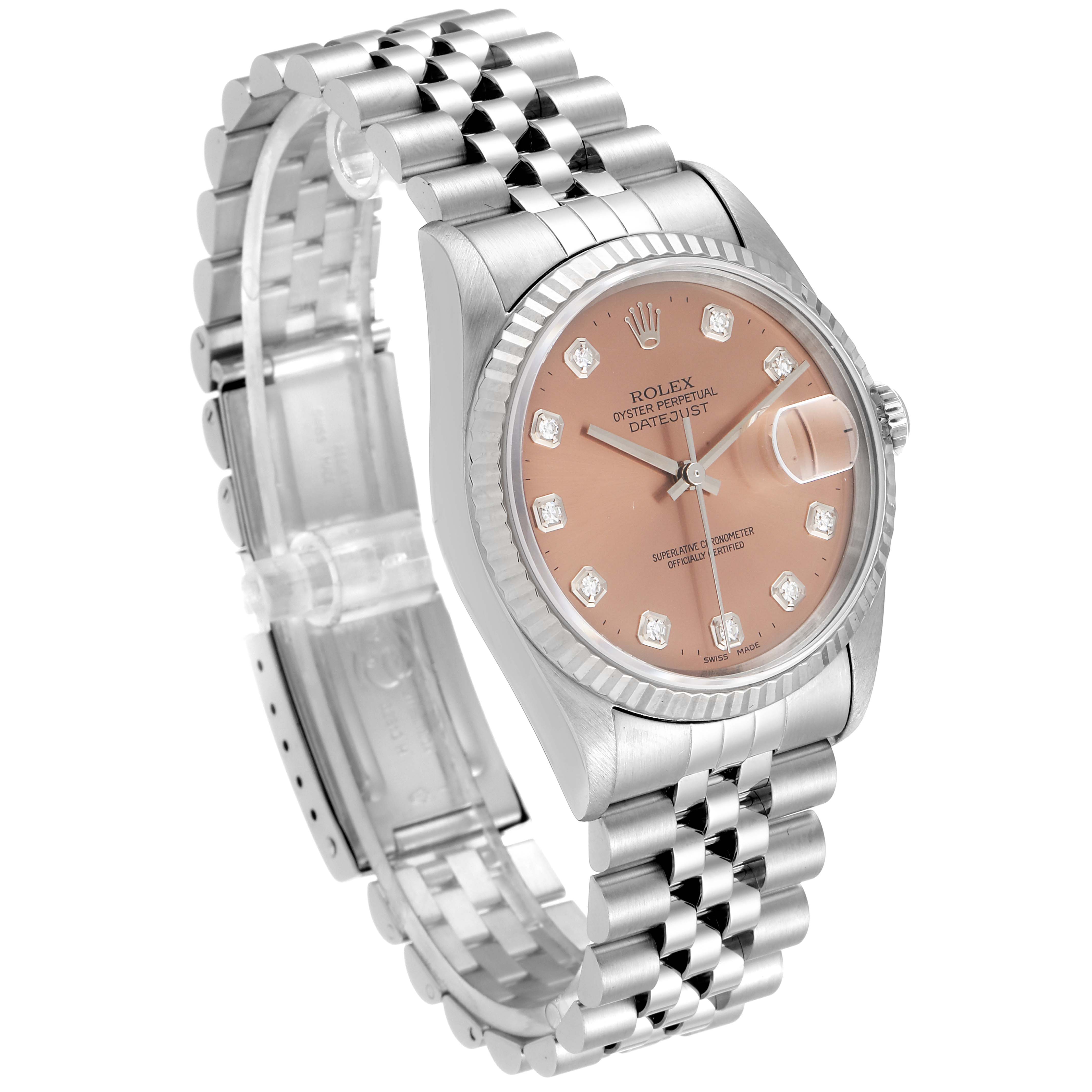 The image shows a Rolex Datejust 16234 Men's Stainless Steel Pink Dial 16234 Men's Stainless Steel Pink Dial watch angled to display its dial, bezel, and Jubilee bracelet.