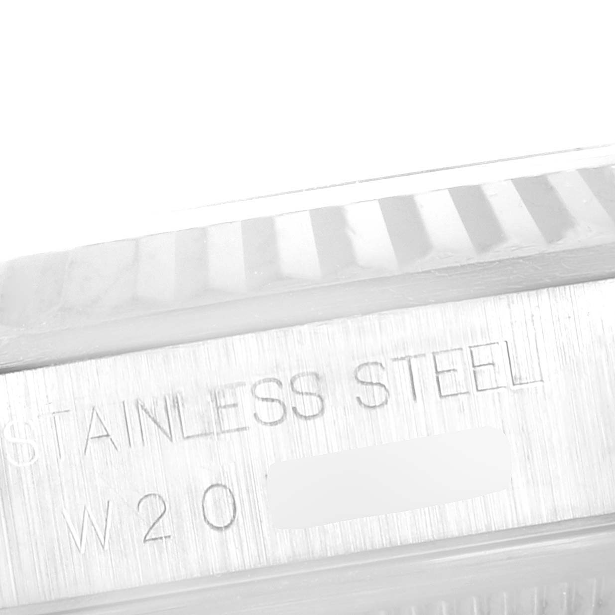 The image shows a close-up of the case side and part of the bezel of a Rolex Datejust 16234 Men's Stainless Steel Pink Dial 16234 Men's Stainless Steel Pink Dial watch.