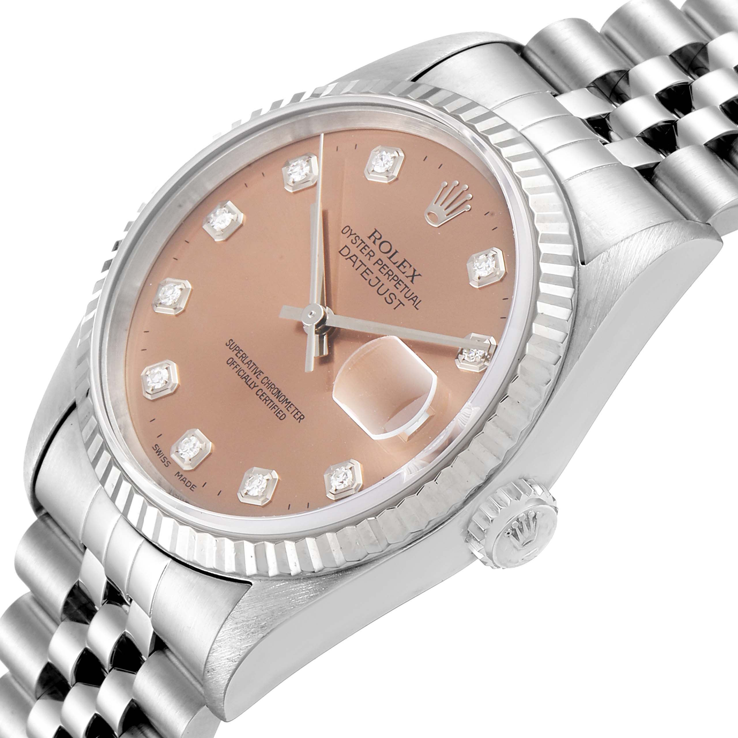 The image shows a close-up of the Rolex Datejust 16234 Men's Stainless Steel Pink Dial 16234 Men's Stainless Steel Pink Dial watch, featuring its dial, bezel, and partial Jubilee bracelet.