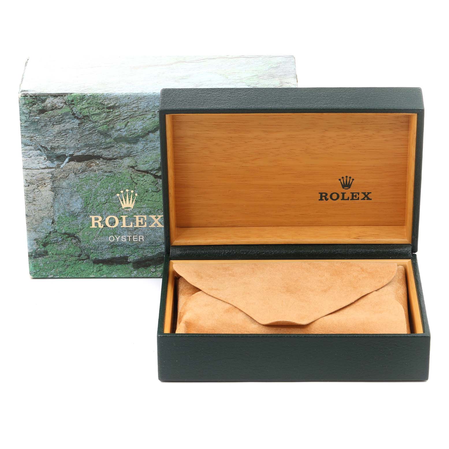 The image shows a Rolex Datejust 16234 Men's Stainless Steel Pink Dial 16234 Men's Stainless Steel Pink Dial watch box with the lid open, displaying the interior and a protective pouch.