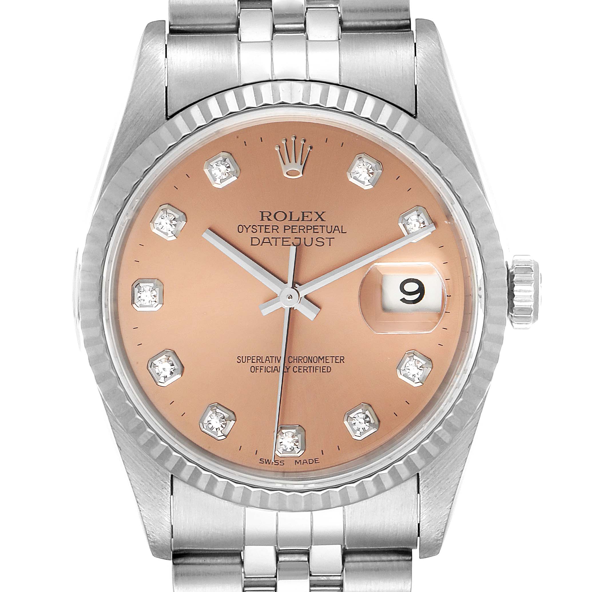 The image shows a front angle of a Rolex Datejust 16234 Men's Stainless Steel Pink Dial 16234 Men's Stainless Steel Pink Dial watch, highlighting its dial, hands, crown, and bracelet.