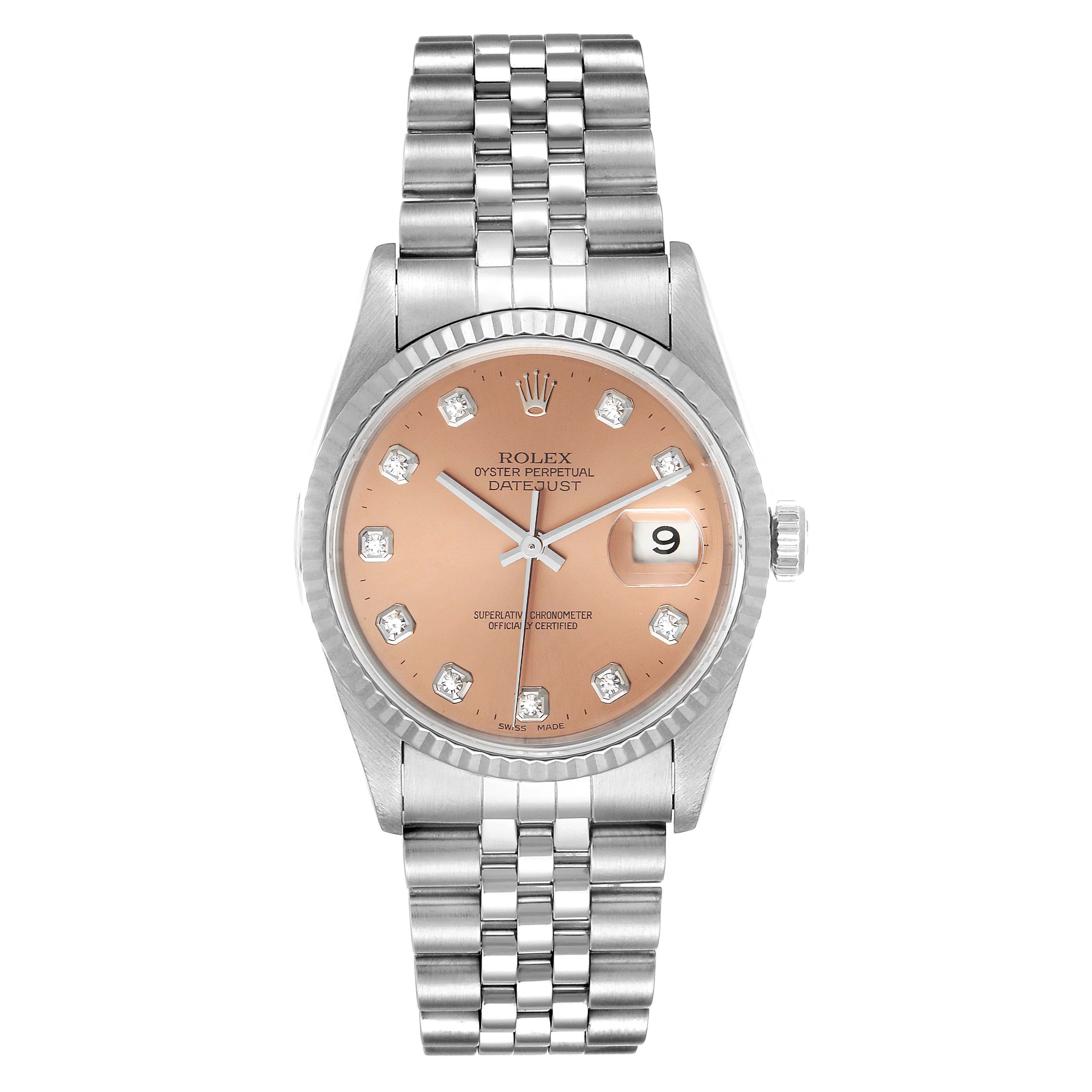 The image shows a front view of a Rolex Datejust 16234 Men's Stainless Steel Pink Dial 16234 Men's Stainless Steel Pink Dial watch, highlighting its dial, bezel, and bracelet.