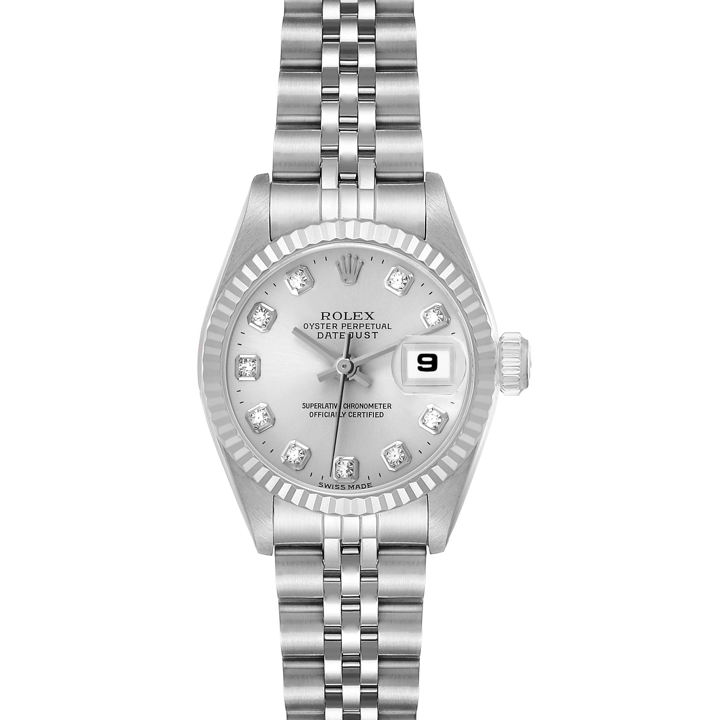 The Rolex Datejust 69174 Women's Stainless Steel Silver Dial watch is shown from a top-down angle, displaying the dial, bezel, bracelet, and date window.