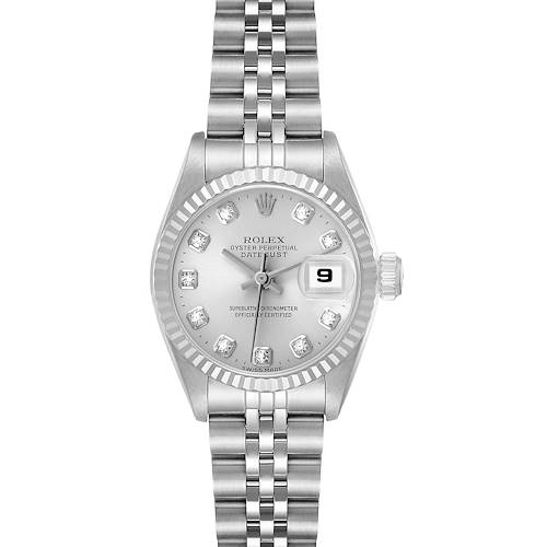 The Rolex Datejust 69174 Women's Stainless Steel Silver Dial watch is shown from a top-down angle, featuring its dial, bezel, crown, and bracelet.
