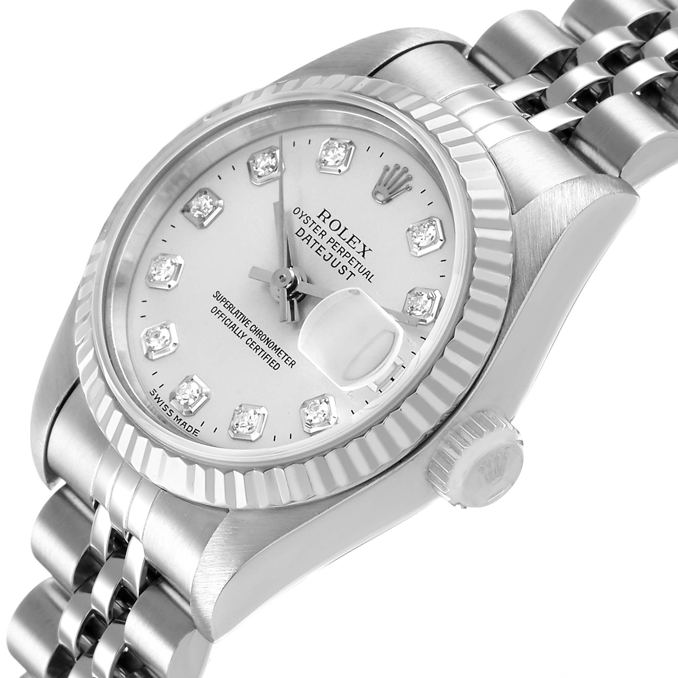 The Rolex Datejust 69174 Women's Stainless Steel Silver Dial watch is shown at a slight angle, highlighting the dial, bezel, and part of the bracelet.
