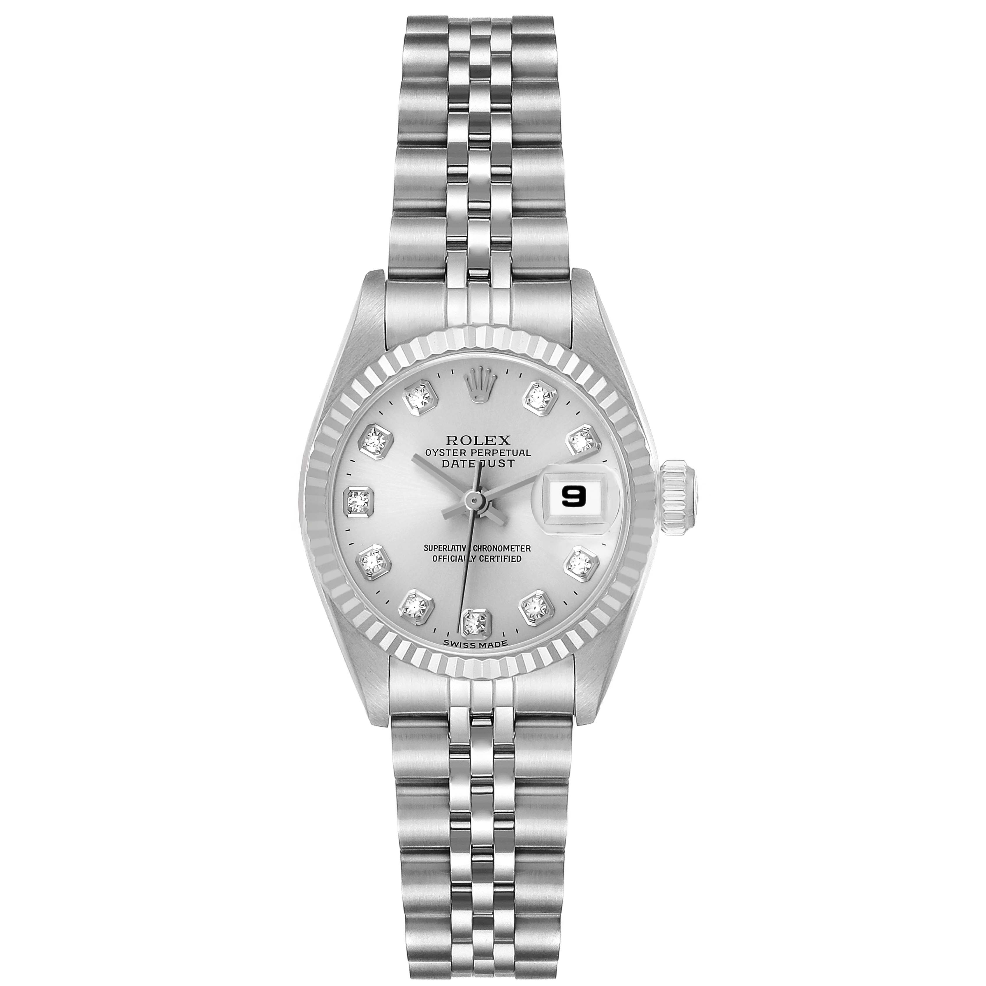 The Rolex Datejust 69174 Women's Stainless Steel Silver Dial watch is shown from the front, displaying the dial, fluted bezel, and Jubilee bracelet.