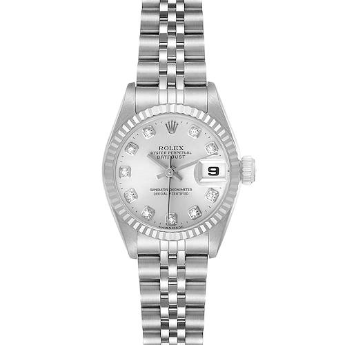 The Rolex Datejust 69174 Women's Stainless Steel Silver Dial watch is shown from a front angle, displaying the dial, bracelet, fluted bezel, and date magnifier.