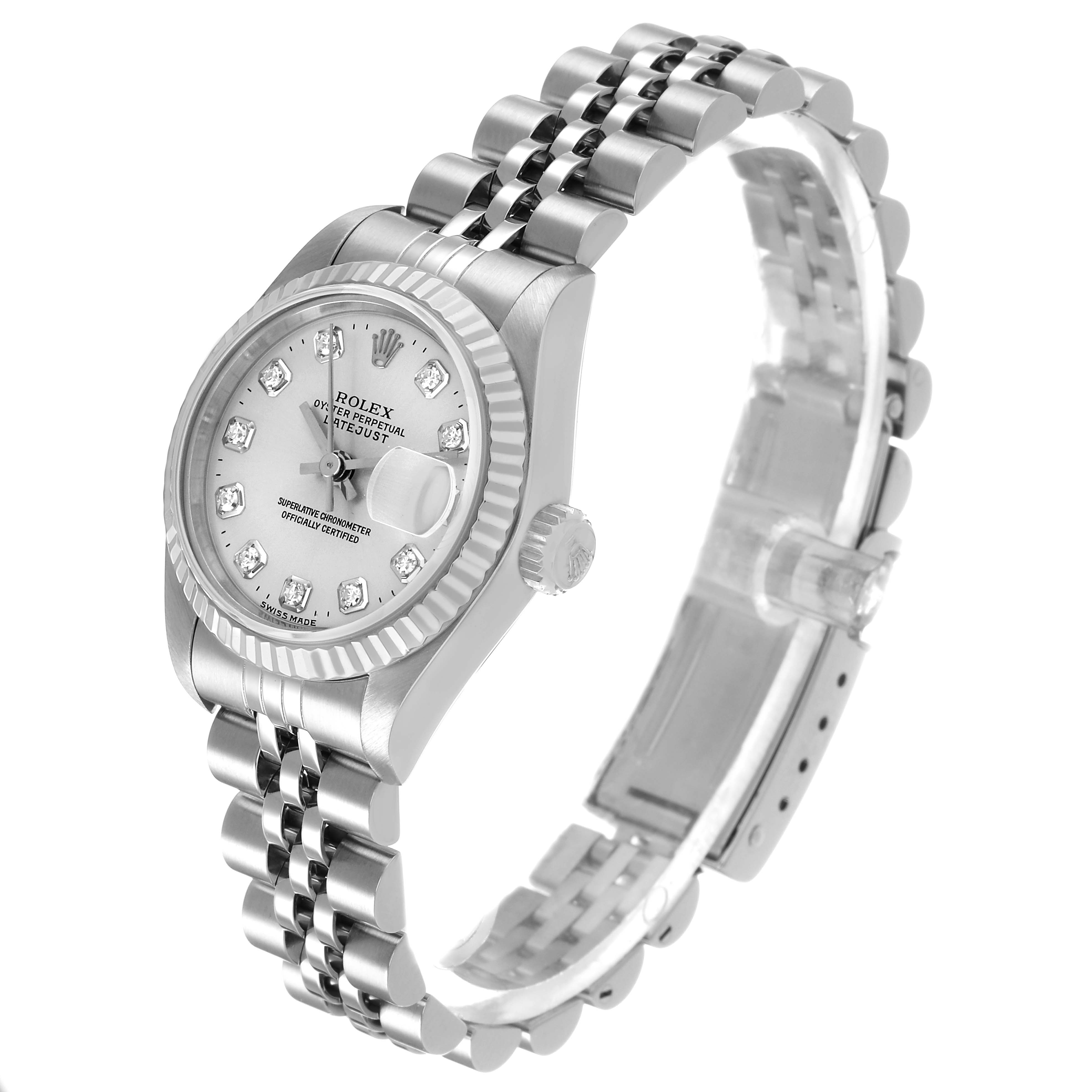The Rolex Datejust 69174 Women's Stainless Steel Silver Dial is shown at a 3/4 angle, displaying the face, bezel, crown, and Jubilee bracelet.