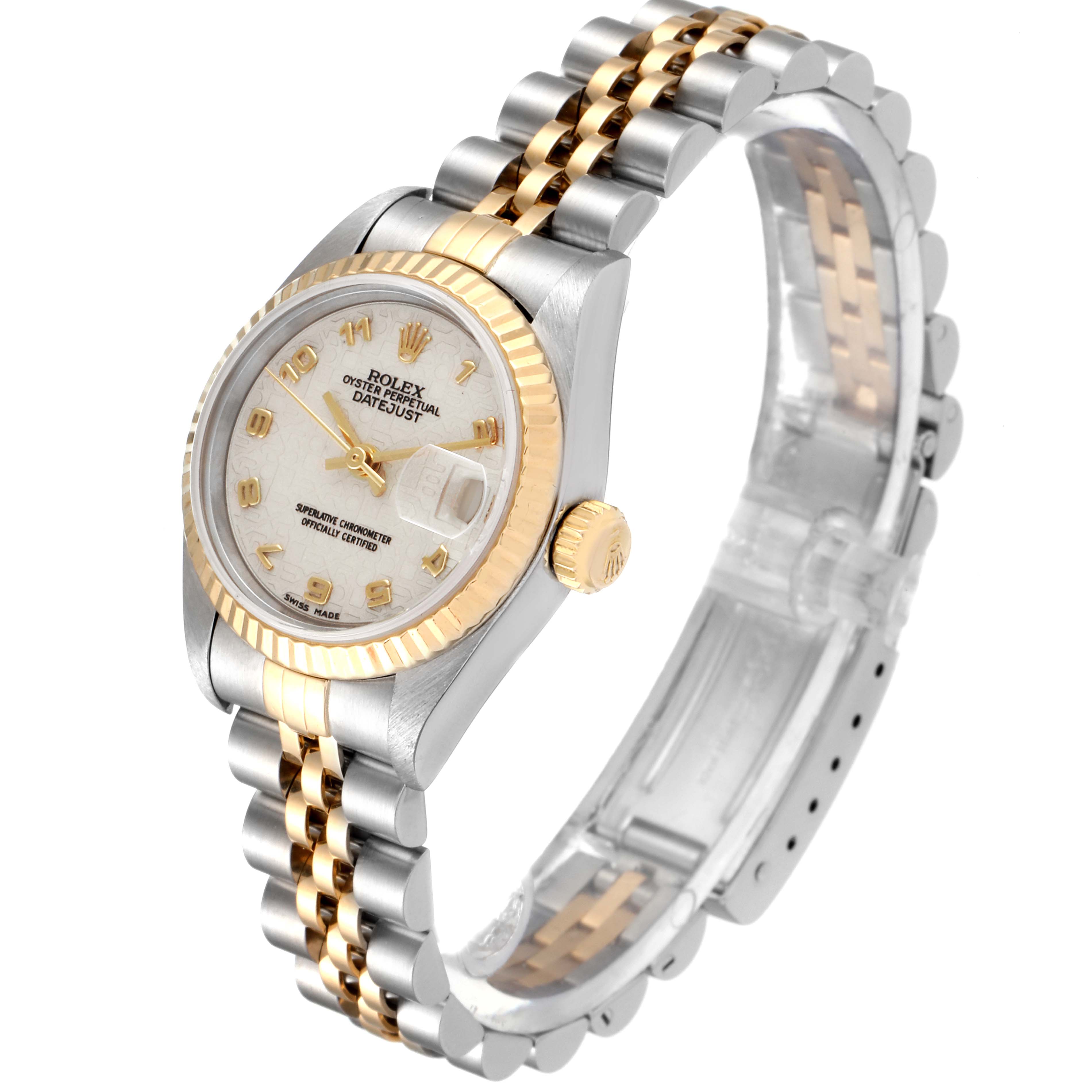 This image shows a Rolex Datejust 79173 Women's Steel and Gold (two tone) Silver Dial 79173 Women's Steel and Gold (two tone) Silver Dial watch featuring the face, bezel, crown, and bracelet, from a three-quarter angle.