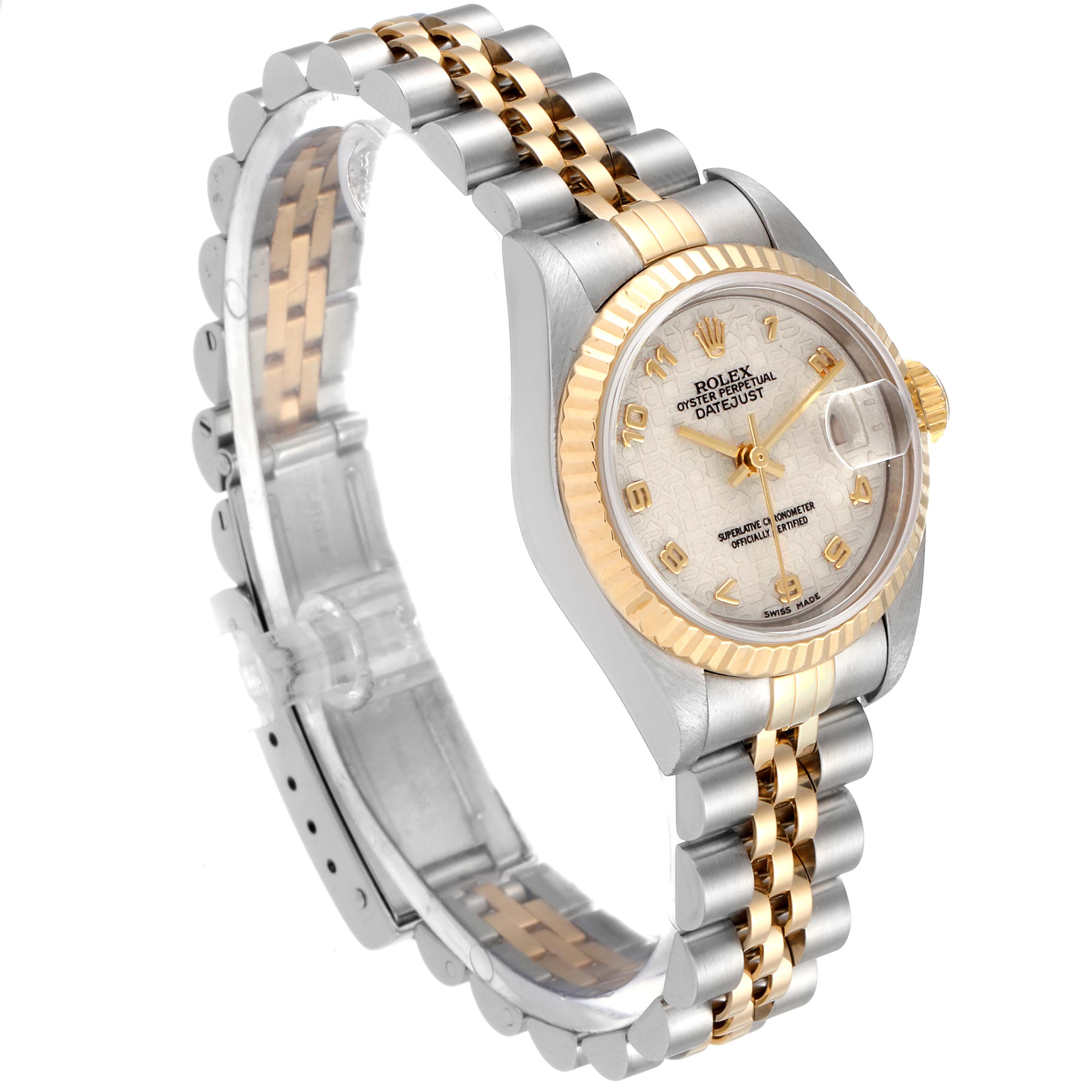 This Rolex Datejust 79173 Women's Steel and Gold (two tone) Silver Dial 79173 Women's Steel and Gold (two tone) Silver Dial watch is shown at a three-quarter angle, displaying the face, bracelet, and clasp.