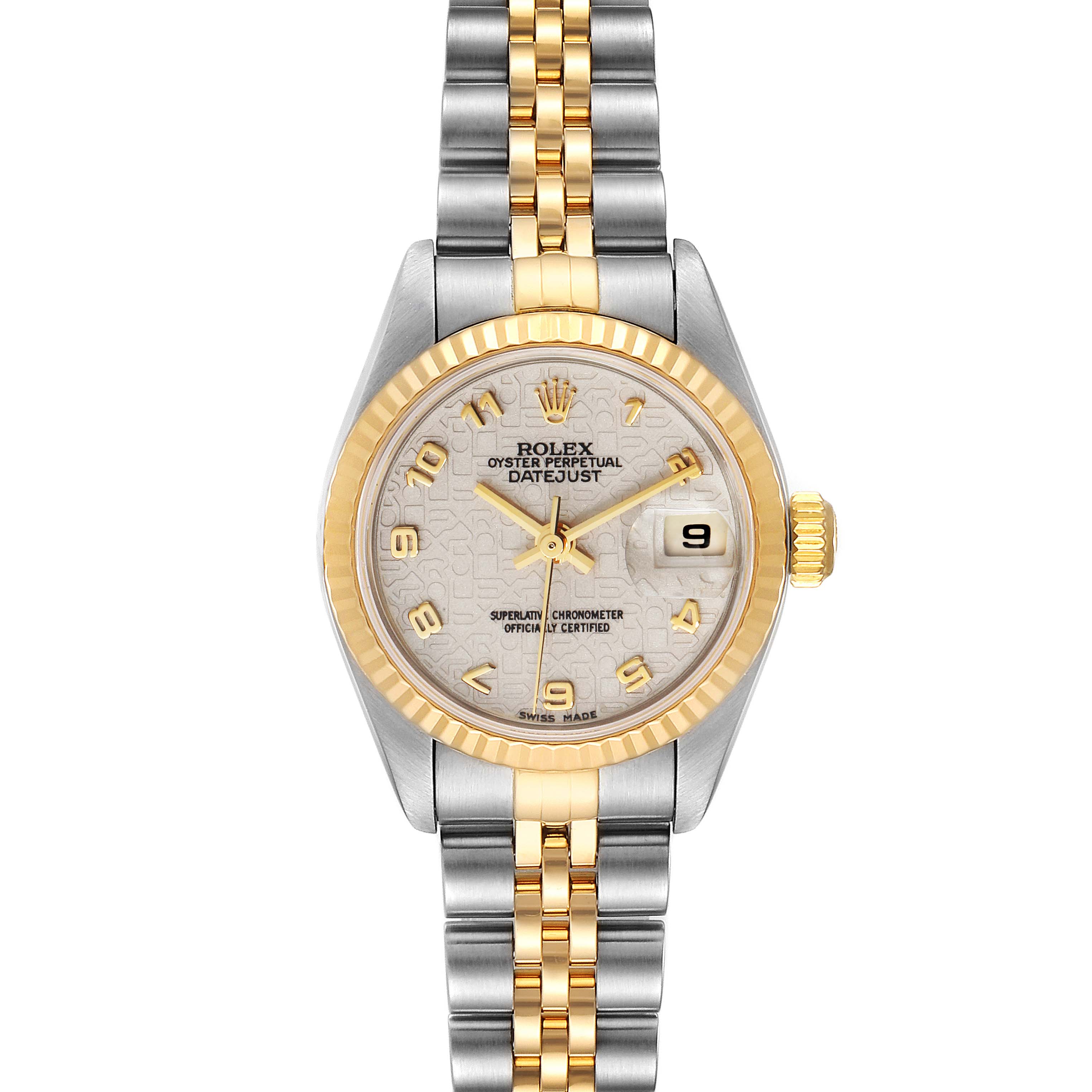 The Rolex Datejust 79173 Women's Steel and Gold (two tone) Silver Dial 79173 Women's Steel and Gold (two tone) Silver Dial watch is shown from a front view, displaying its dial, bezel, hands, bracelet, and date feature.