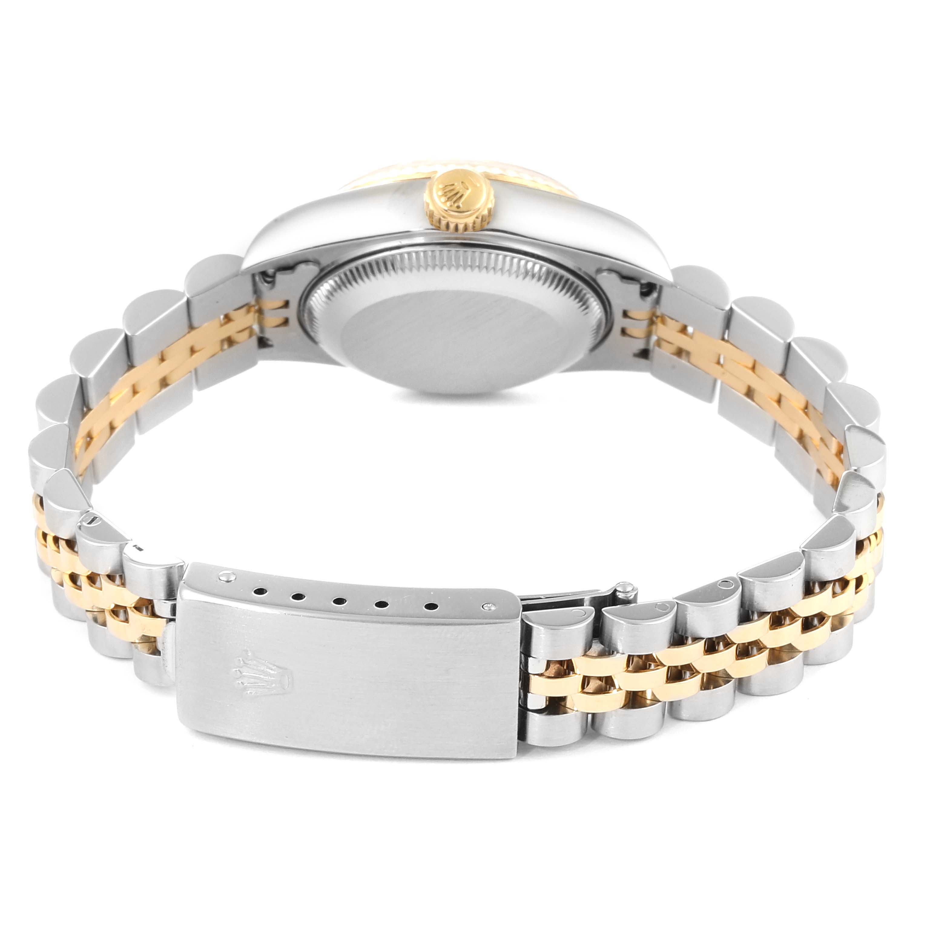 The image shows the back case, crown, and bracelet clasp of a Rolex Datejust 79173 Women's Steel and Gold (two tone) Silver Dial 79173 Women's Steel and Gold (two tone) Silver Dial watch, viewed from a rear angle.