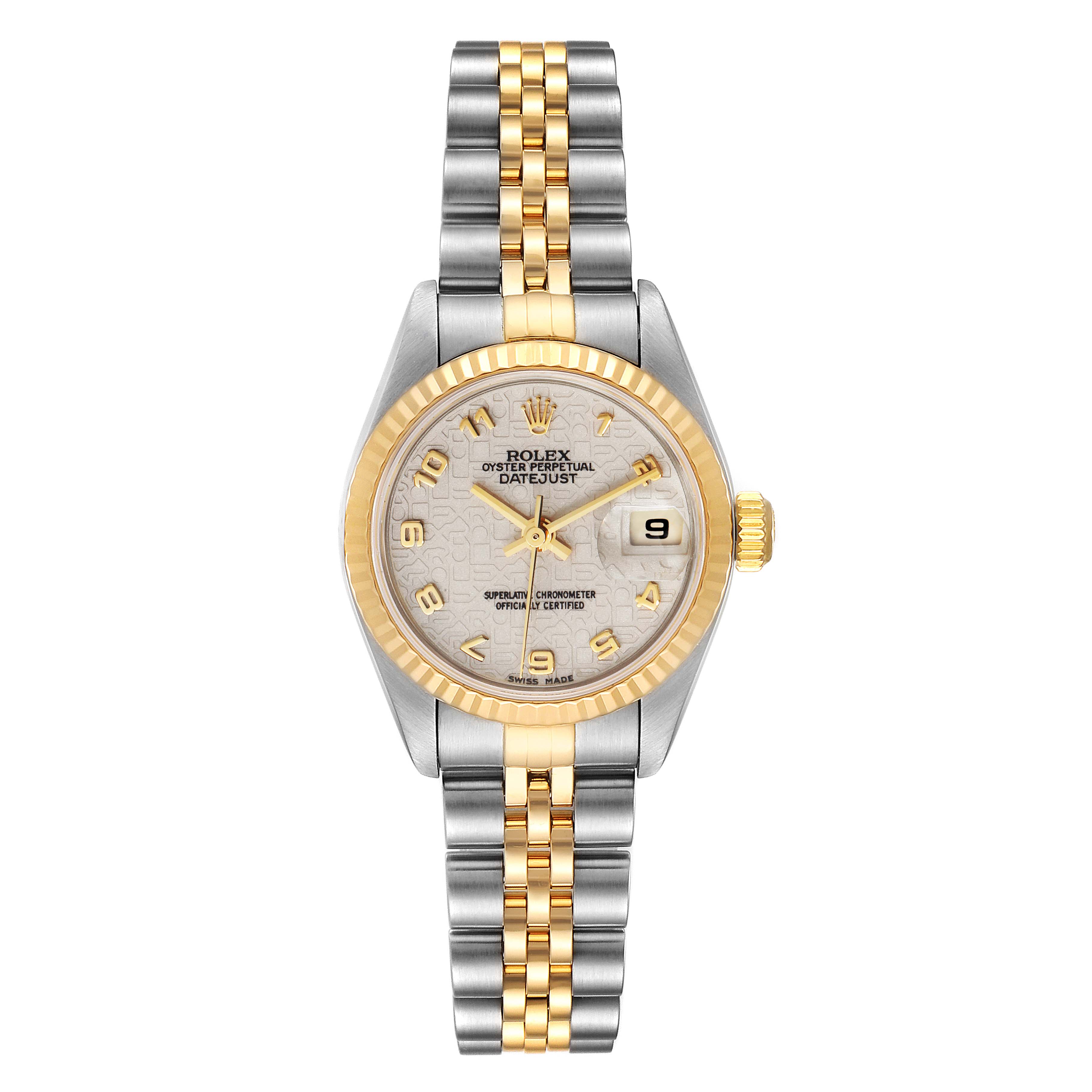 The image displays a front view of the Rolex Datejust 79173 Women's Steel and Gold (two tone) Silver Dial 79173 Women's Steel and Gold (two tone) Silver Dial watch, showing the dial, bezel, crown, and bracelet.