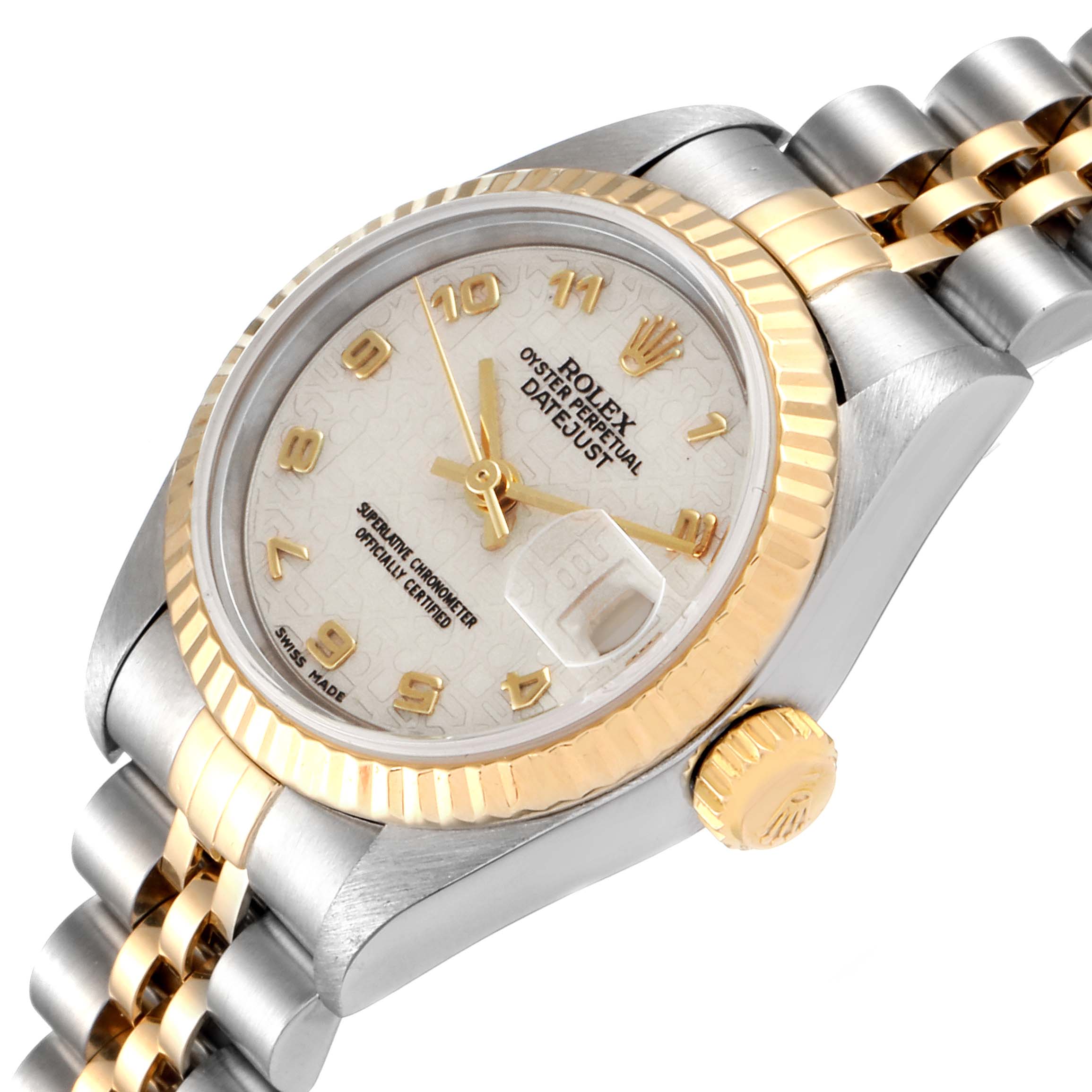 This image shows a close-up angled view of a Rolex Datejust 79173 Women's Steel and Gold (two tone) Silver Dial 79173 Women's Steel and Gold (two tone) Silver Dial watch highlighting its dial, bezel, crown, and part of the bracelet.