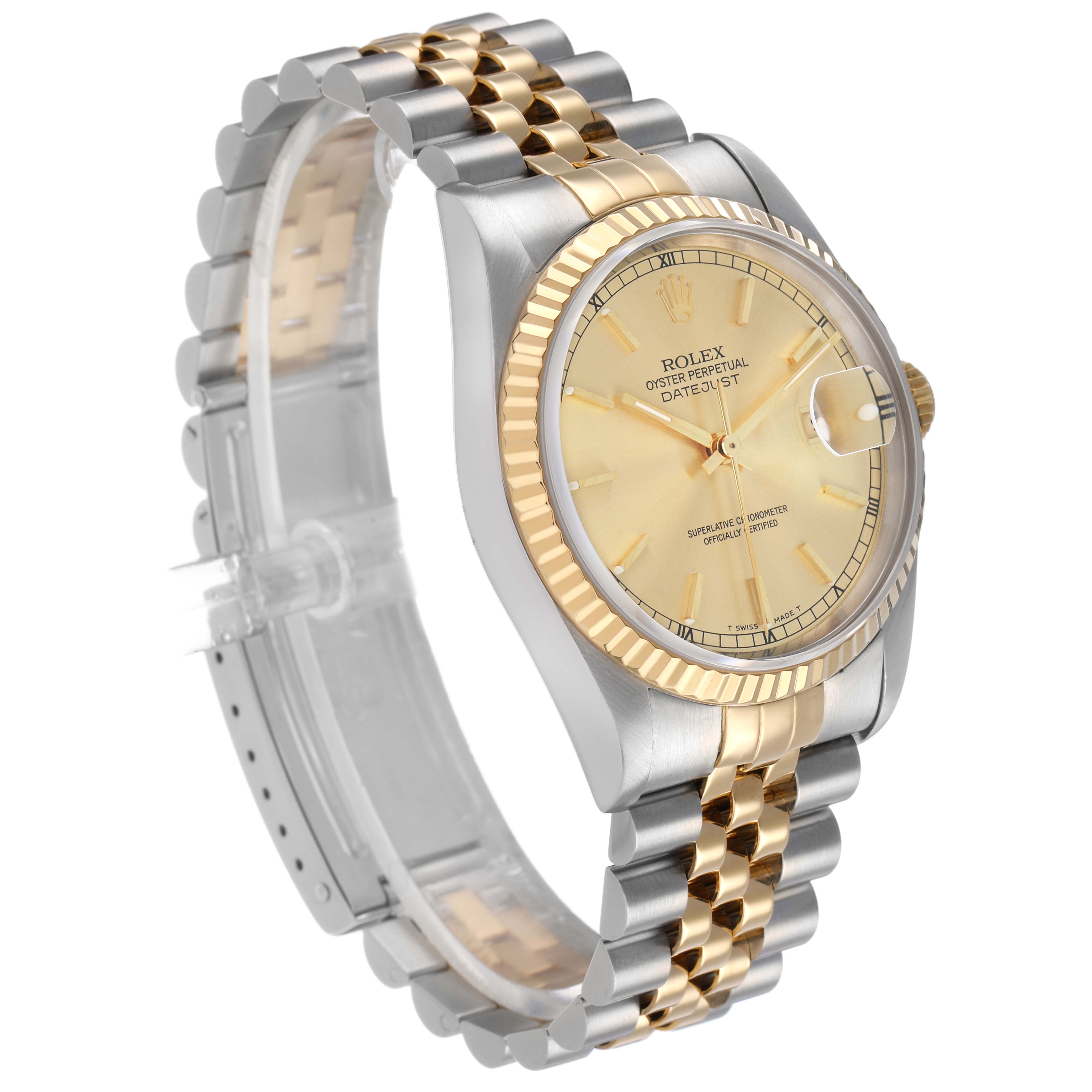 The Rolex Datejust 16233 Men's Stainless Steel Champagne Dial watch is shown from a three-quarter angle, featuring its gold and silver jubilee bracelet, fluted bezel, and date display.