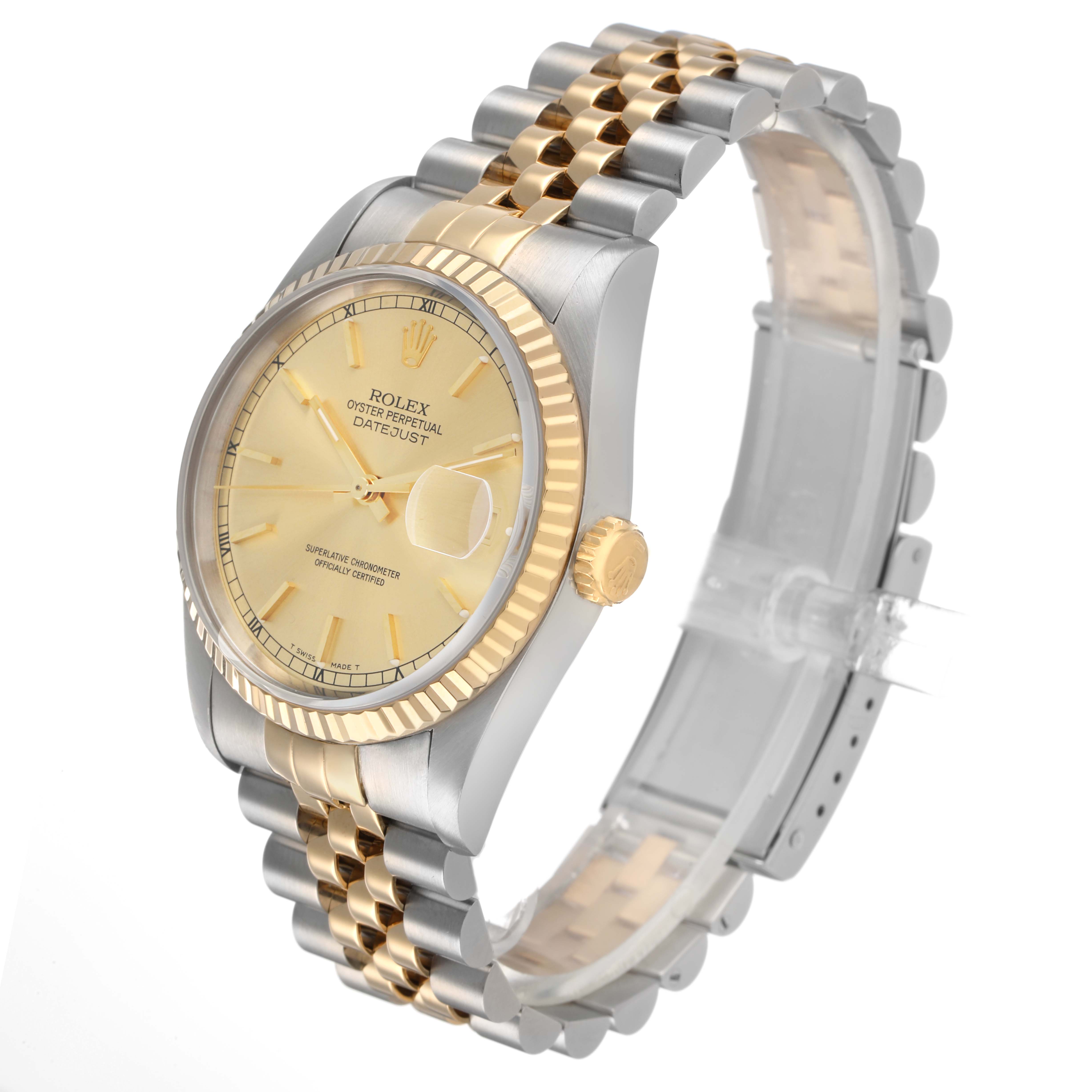 The Rolex Datejust 16233 Men's Stainless Steel Champagne Dial watch is shown at a three-quarter angle, highlighting the dial, bezel, and two-tone Jubilee bracelet.