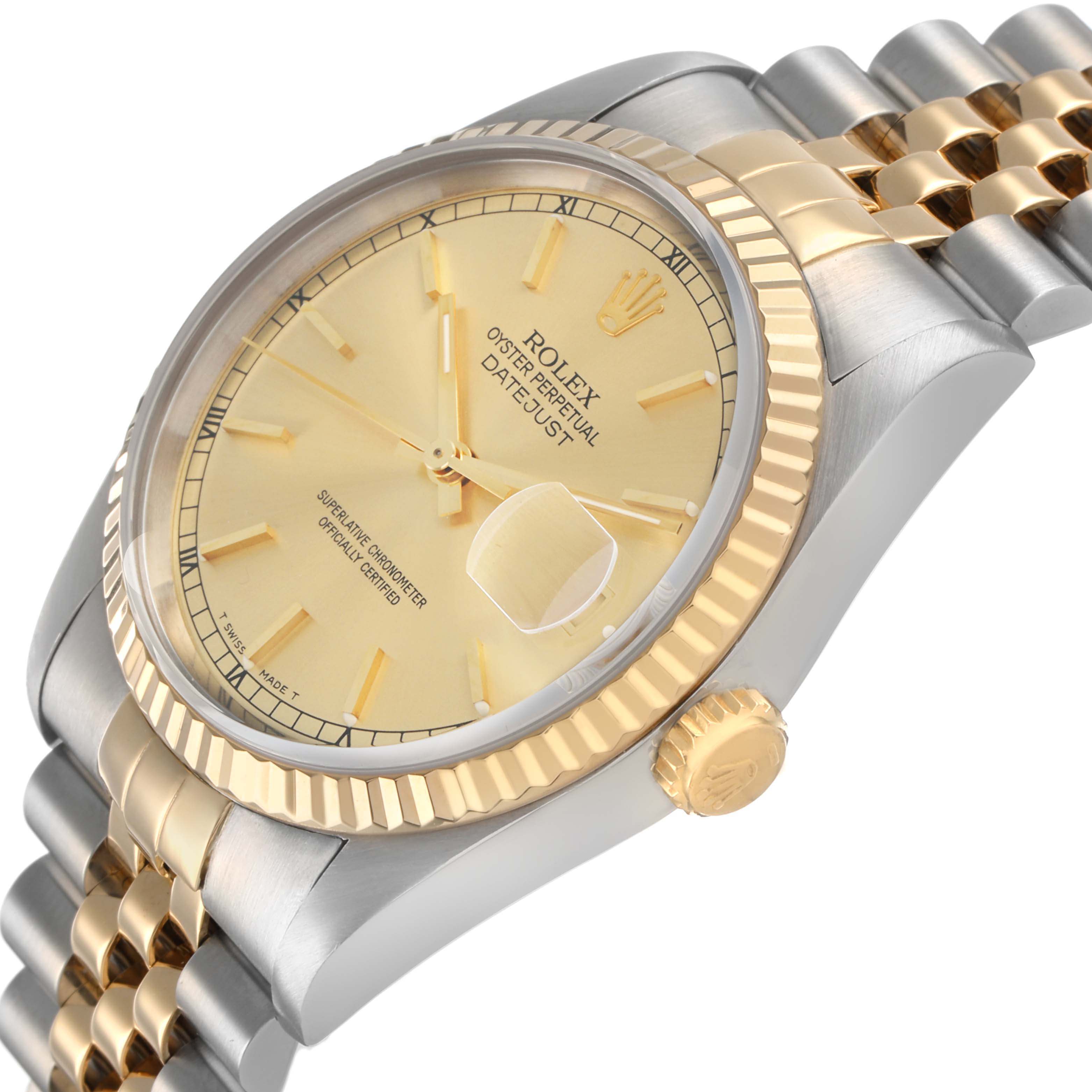 The Rolex Datejust 16233 Men's Stainless Steel Champagne Dial watch is shown from a side angle, highlighting the gold bezel, crown, and two-tone bracelet.