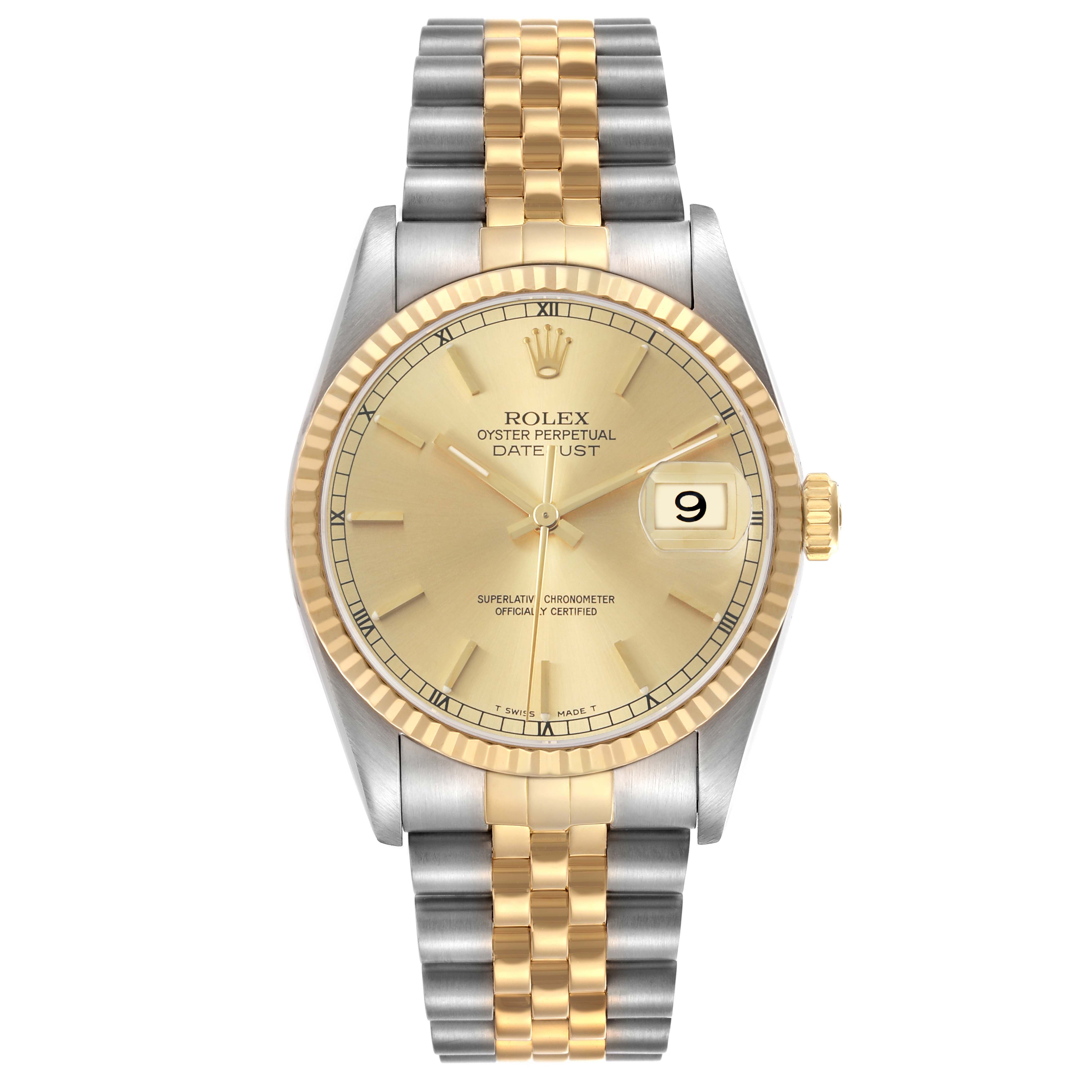 The Rolex Datejust 16233 Men's Stainless Steel Champagne Dial watch is shown from a front angle, highlighting the dial, bezel, crown, and two-tone bracelet.