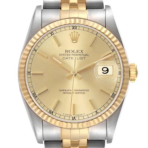 The Rolex Datejust 16233 Men's Stainless Steel Champagne Dial watch is shown from the front, displaying the face, bezel, bracelet, and crown.