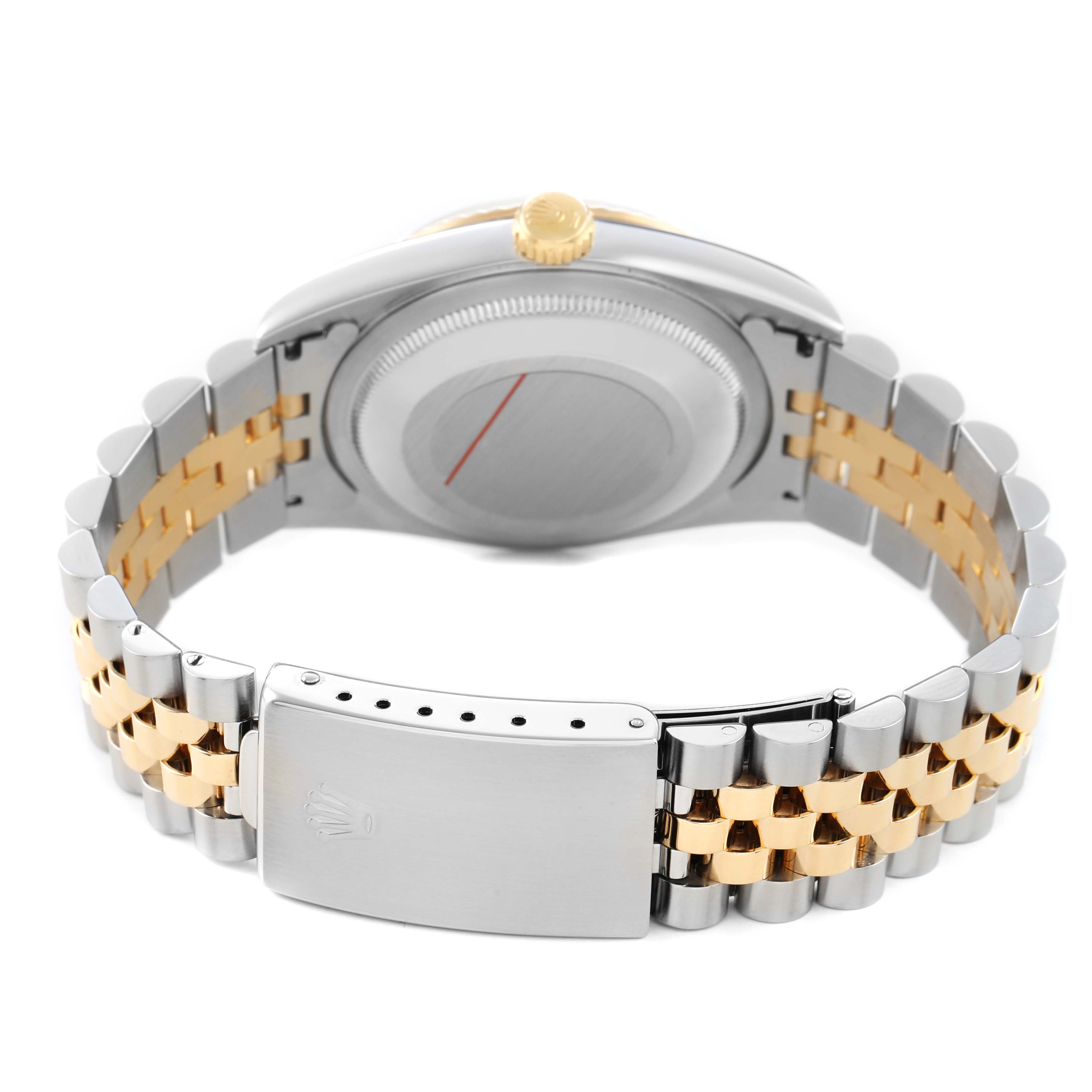 The Rolex Datejust 16233 Men's Stainless Steel Champagne Dial watch is shown from the back, highlighting its two-tone bracelet and closed clasp.