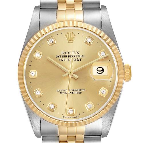 The Rolex Datejust 16233 Men's Steel and Gold (two tone) Champagne Dial watch is shown from the front, highlighting the gold dial, diamond markers, fluted bezel, and Jubilee bracelet.