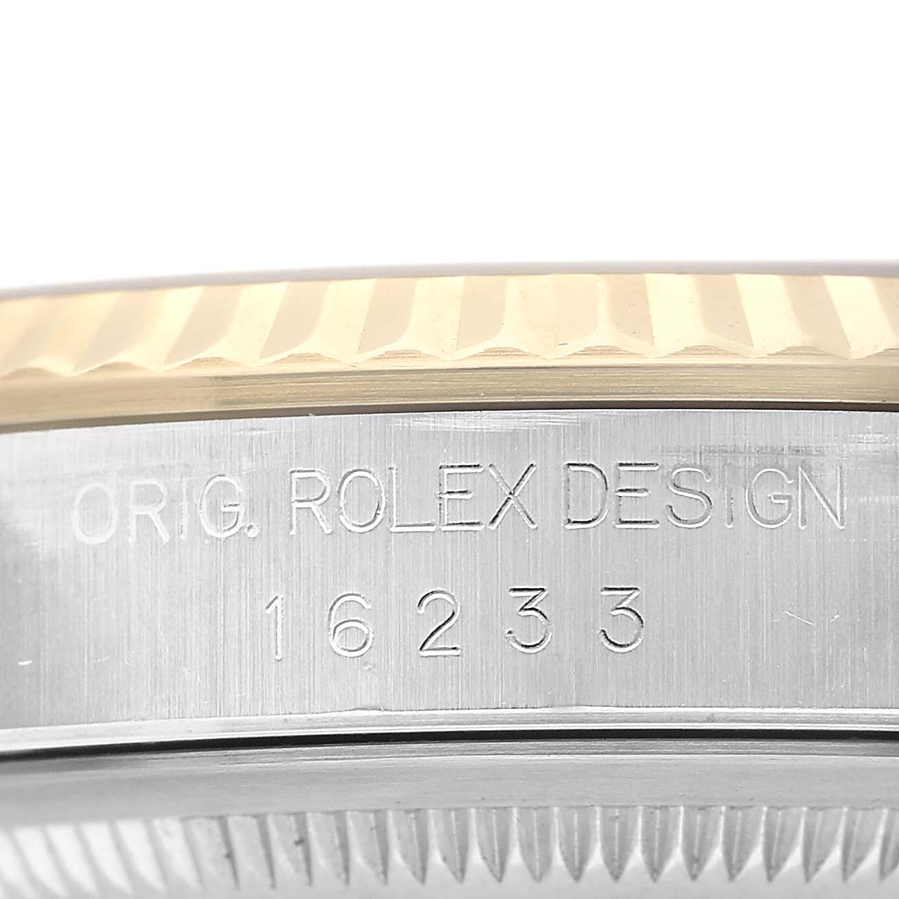 The image shows a close-up of the side of a Rolex Datejust 16233 Men's Steel and Gold (two tone) Champagne Dial watch case, highlighting the "ORIG. ROLEX DESIGN" and the model number 16233.