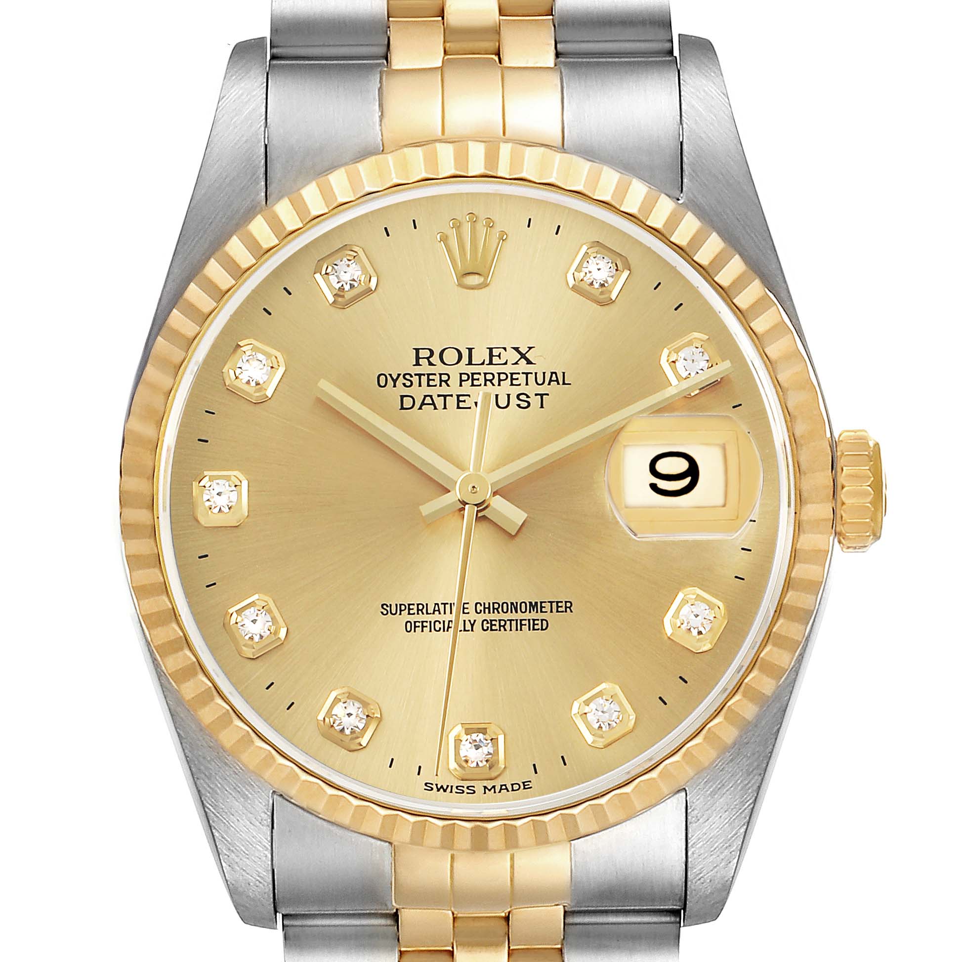 The Rolex Datejust 16233 Men's Steel and Gold (two tone) Champagne Dial watch is shown from the front, displaying the dial, bezel, and part of the bracelet.