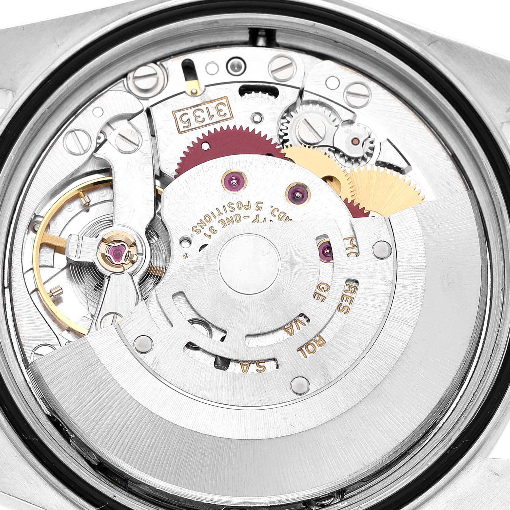 The image shows the movement of a Rolex Datejust 16233 Men's Steel and Gold (two tone) Champagne Dial watch, highlighting gears and internal components from a back view angle.