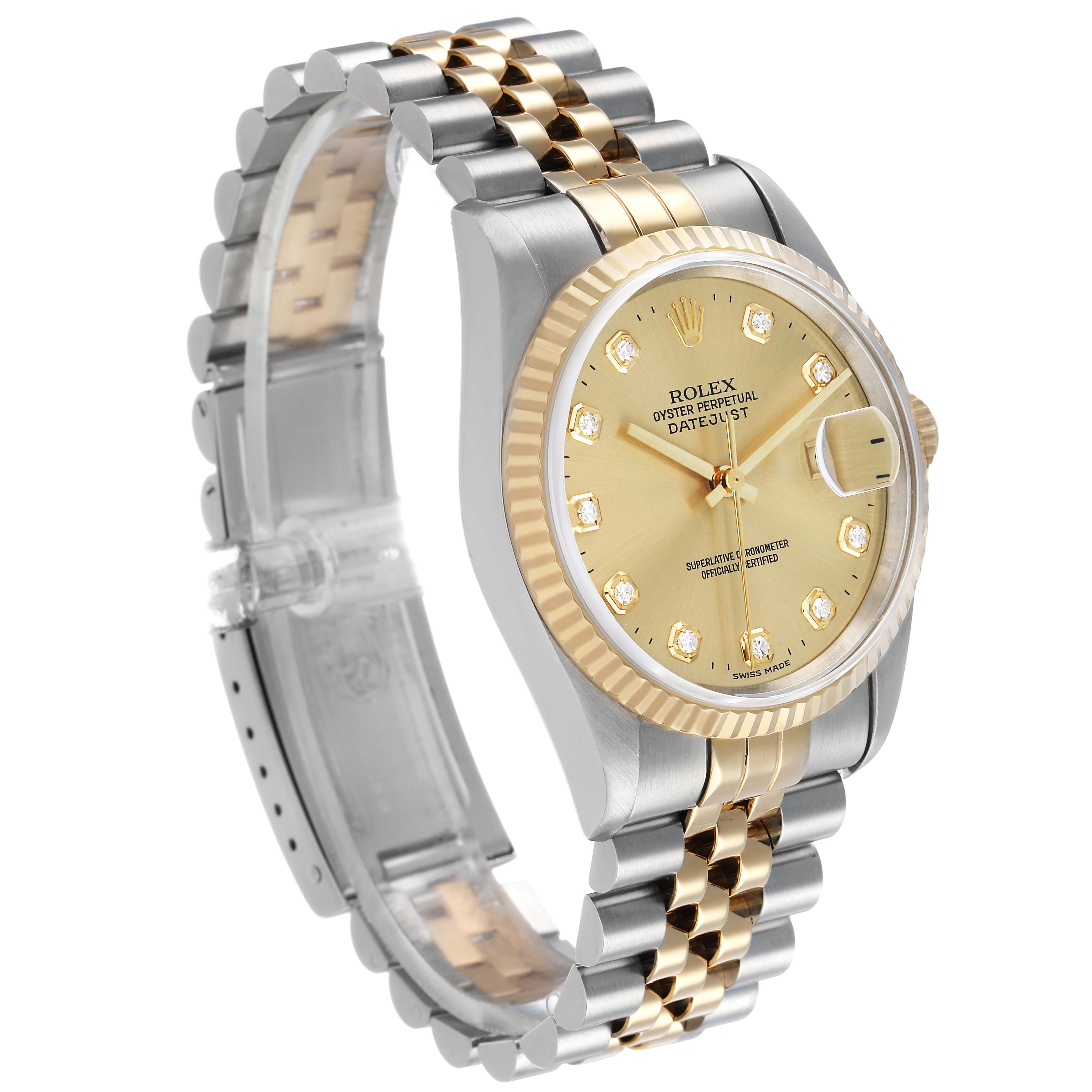 The Rolex Datejust 16233 Men's Steel and Gold (two tone) Champagne Dial watch is shown at a three-quarter angle, highlighting the face, bezel, and two-tone bracelet.