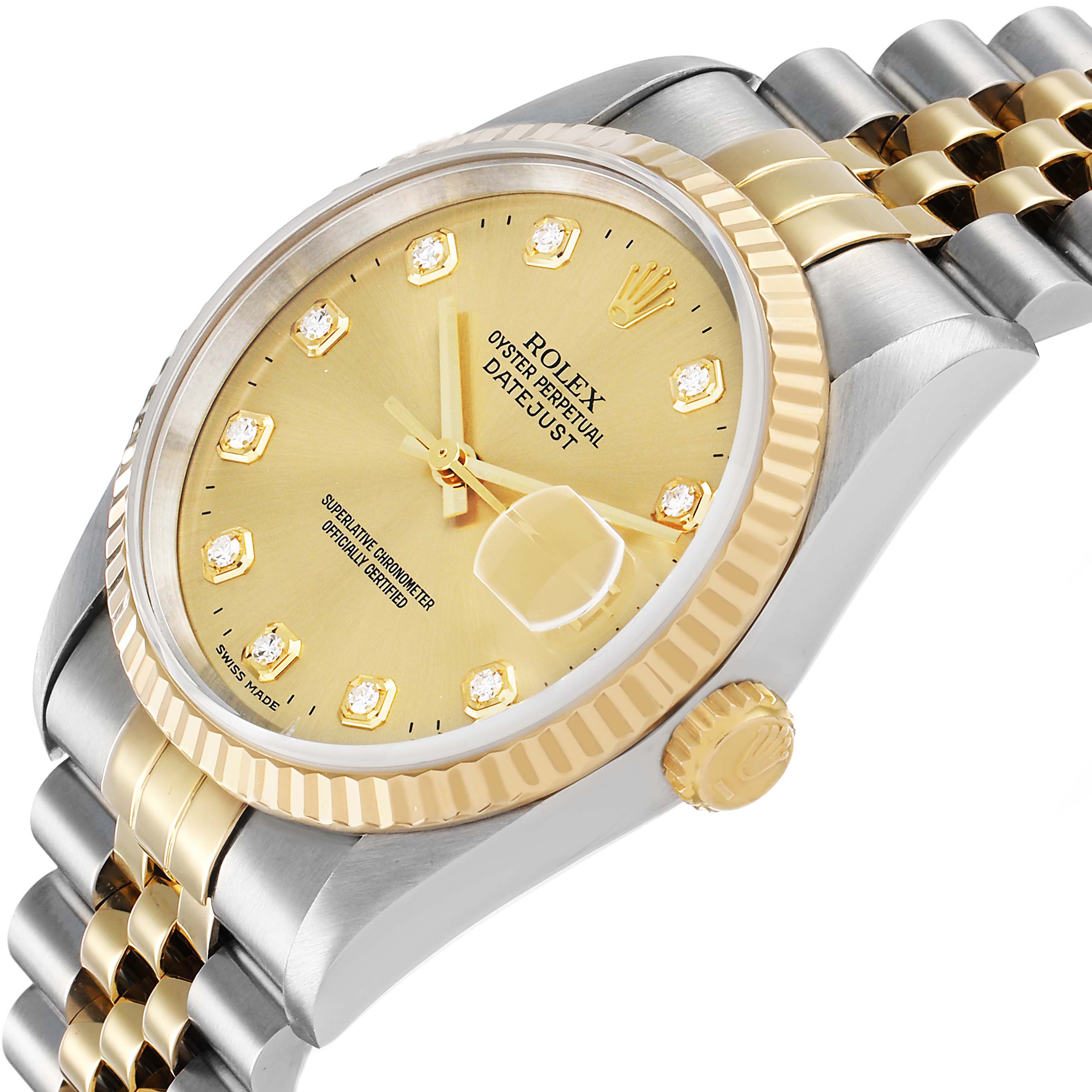 The Rolex Datejust 16233 Men's Steel and Gold (two tone) Champagne Dial watch is shown from a side angle, highlighting the gold bezel, dial, crown, and two-tone bracelet.