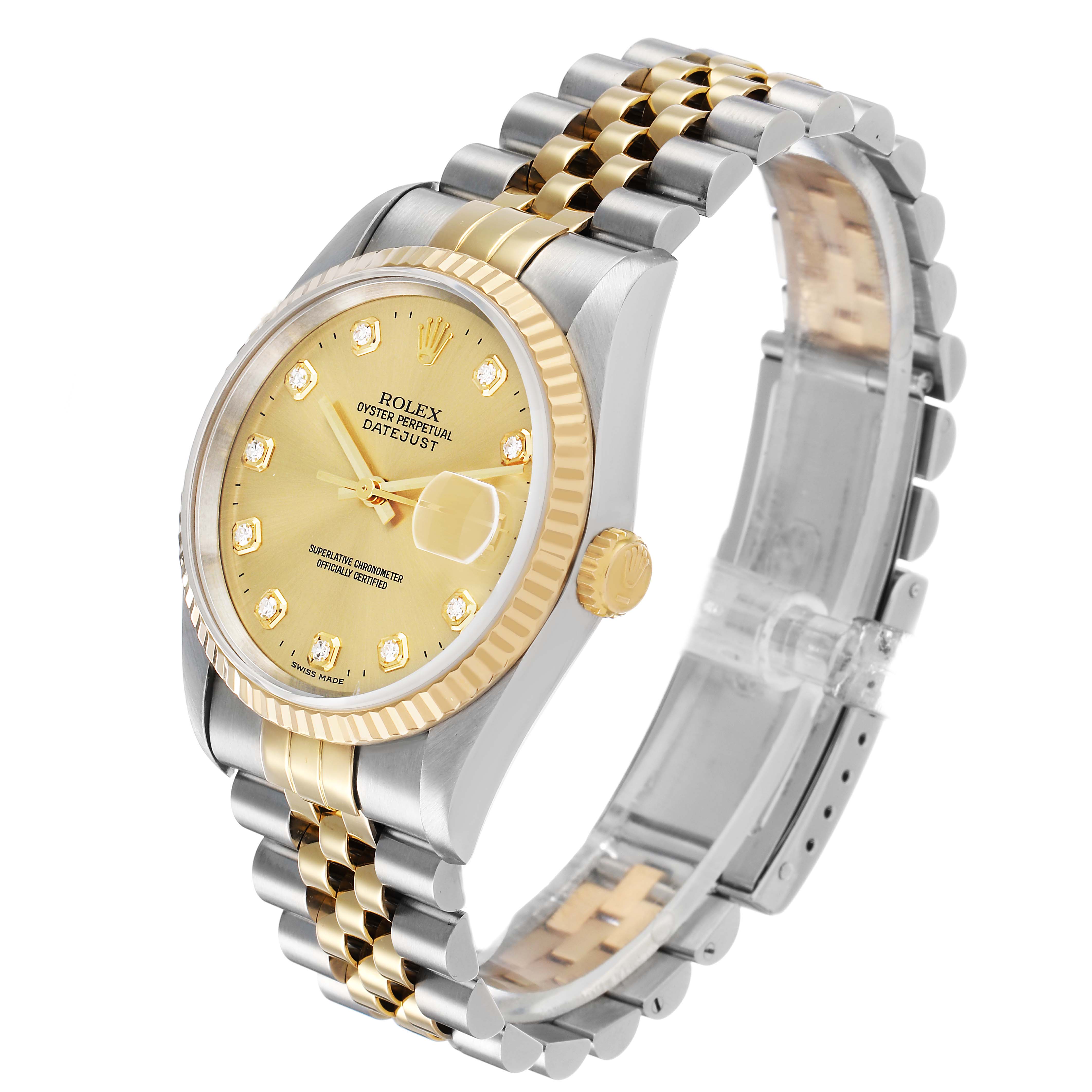 The Rolex Datejust 16233 Men's Steel and Gold (two tone) Champagne Dial watch is shown at an angle highlighting the dial, bezel, crown, and two-tone bracelet.